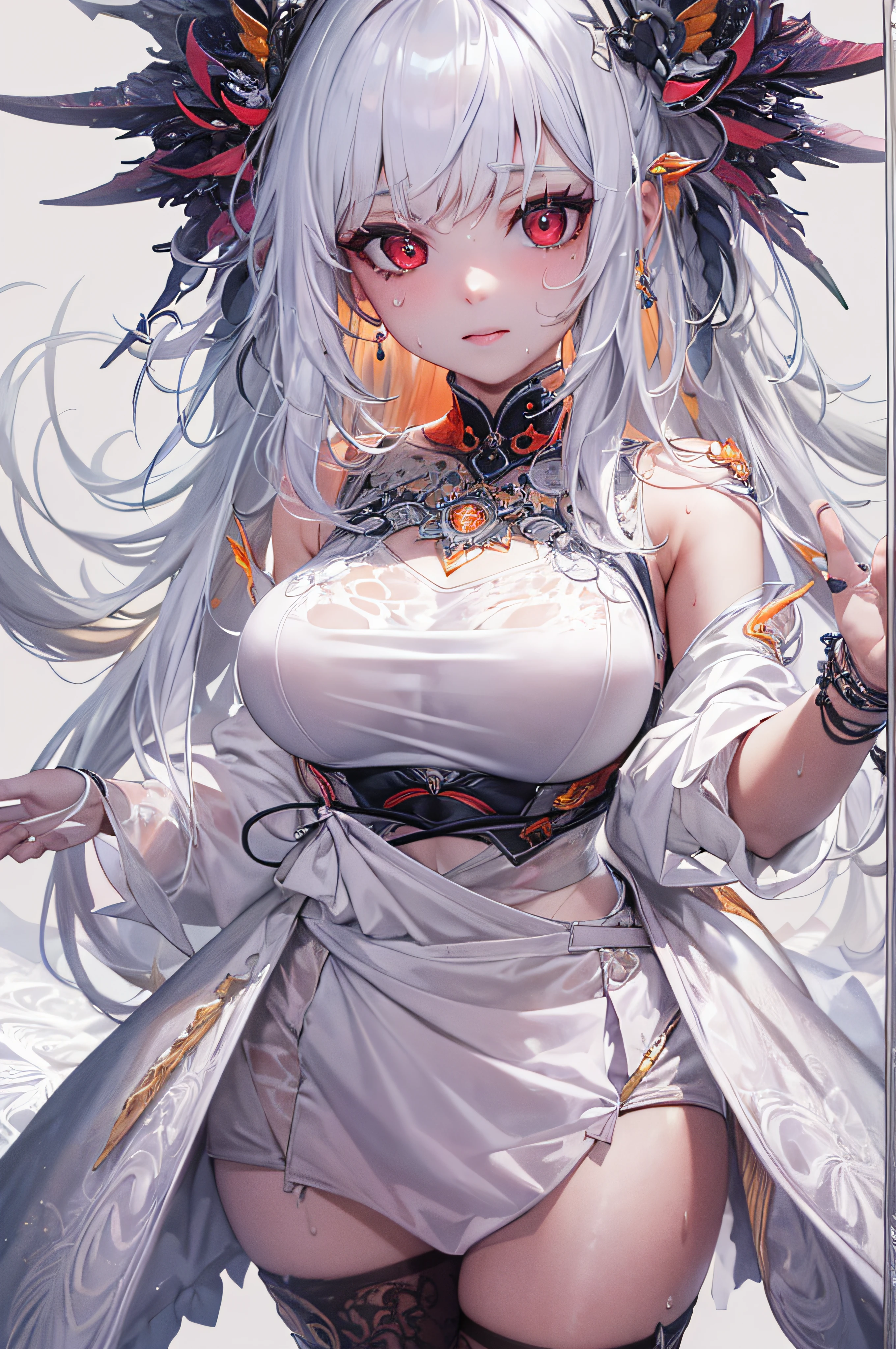 (masterpiece, top quality, best quality, official art, beautiful and aesthetic:1.2), (1girl:1.3), (fractal art:1.3),absurd, masterpiece, best quality, realistic, hyper-detailed, (shiny skin, sweaty:1.4), looking at viewer, slender, 1girl, solo,  white sneakers, white miniskirt, straight long hair, princess cut, purple hair, red eyes, (thick thighs:0.5), dynamic lighting, high resolution, sharp focus, depth of field, small breasts,vampire,  masterpiece, best quality, ultra-detailed, illustration, ultra-detailed face, best quality face, evil, 30 years old, adult, 1girl, 30 years old,  no human, white hair, alchemy outfit, intricate detailed outfit, sexy pose, glowing red dress, cute, kawaii, digital art, finely detailed eyes