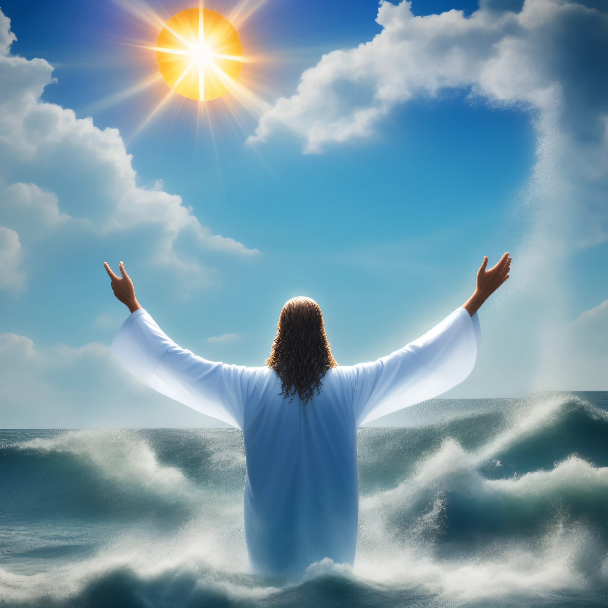 Jesus is standing in the water with outstretched arms and outstretched hands., jesus walking on water, jesus christ, Obra maestra de luz brillante, Rayos sagrados de luz espiritual, Jesus, Sagrados rayos de luz sagrada, Rayo divino sobre su cabeza, bautismo, Segunda venida, Dios rayos del sol, Alabando al sol, emergiendo del agua, holy energy, rising from the ocean