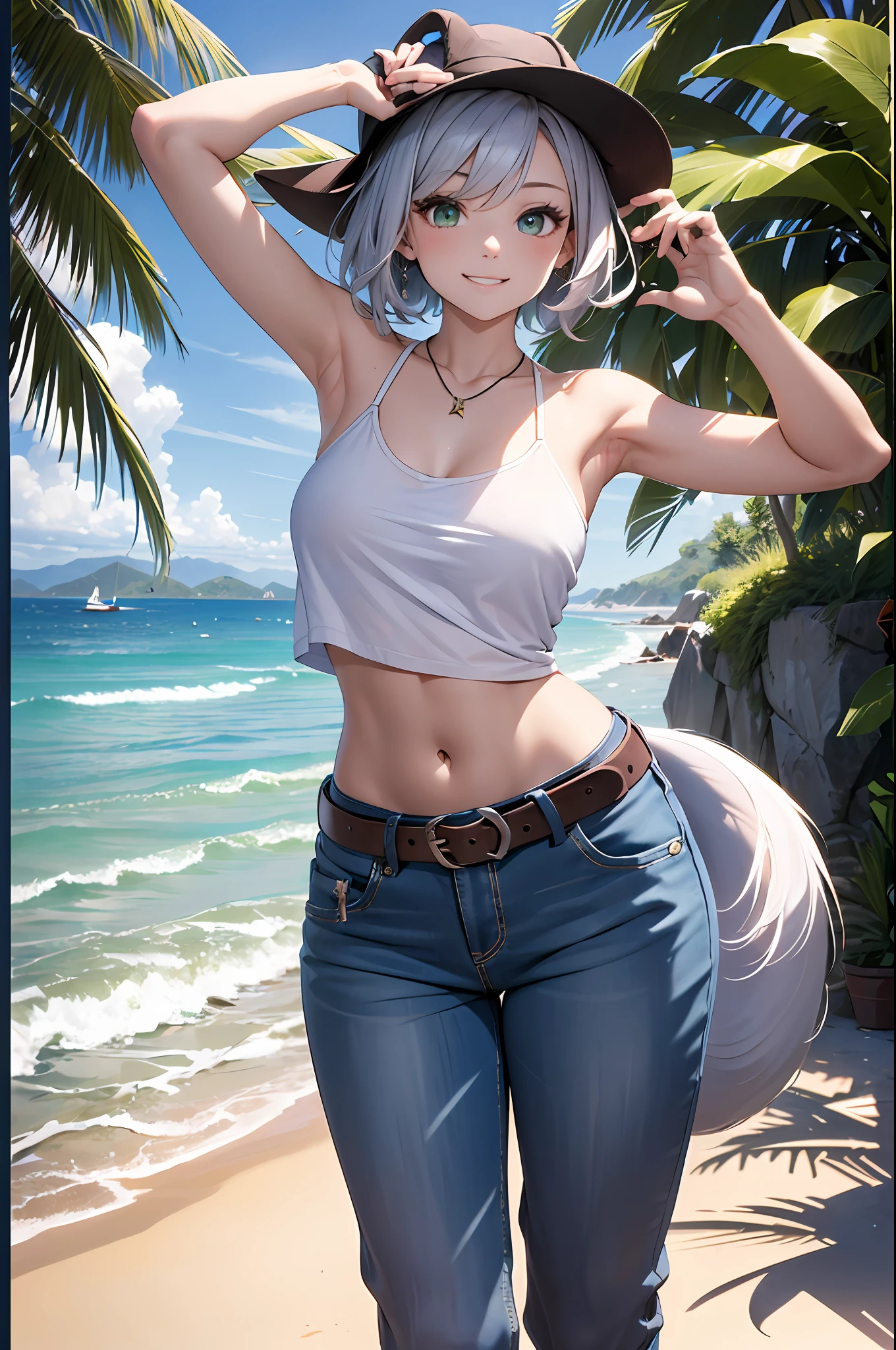 (top-quality、in 8K、32K、masterpiece、UHD:1.2)、beauitful face、Full body, blue open sky、contrail、sea side、You can see the sparkling sea、blurry backround、18-year-old beautiful girl、shinny skin, (1The fox tail of the book grows:1.3)、Beautiful silver hair、short-cut、Deep green eyes、Hats、Camisole blouse、rash guard、a belt、denim pant、Navel out、braided sandals、Shoulder back、raise arms、perfect hand、A mischievous smile、
