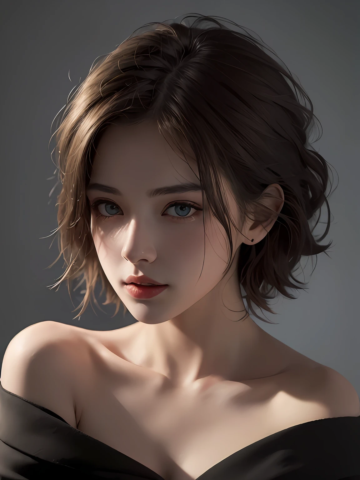 Best quality, masterpiece, ultra high res, (photorealistic:1.5), raw photo, 1girl, offshoulder, in the dark, deep shadow, low key, cold light, sexy look, short hair