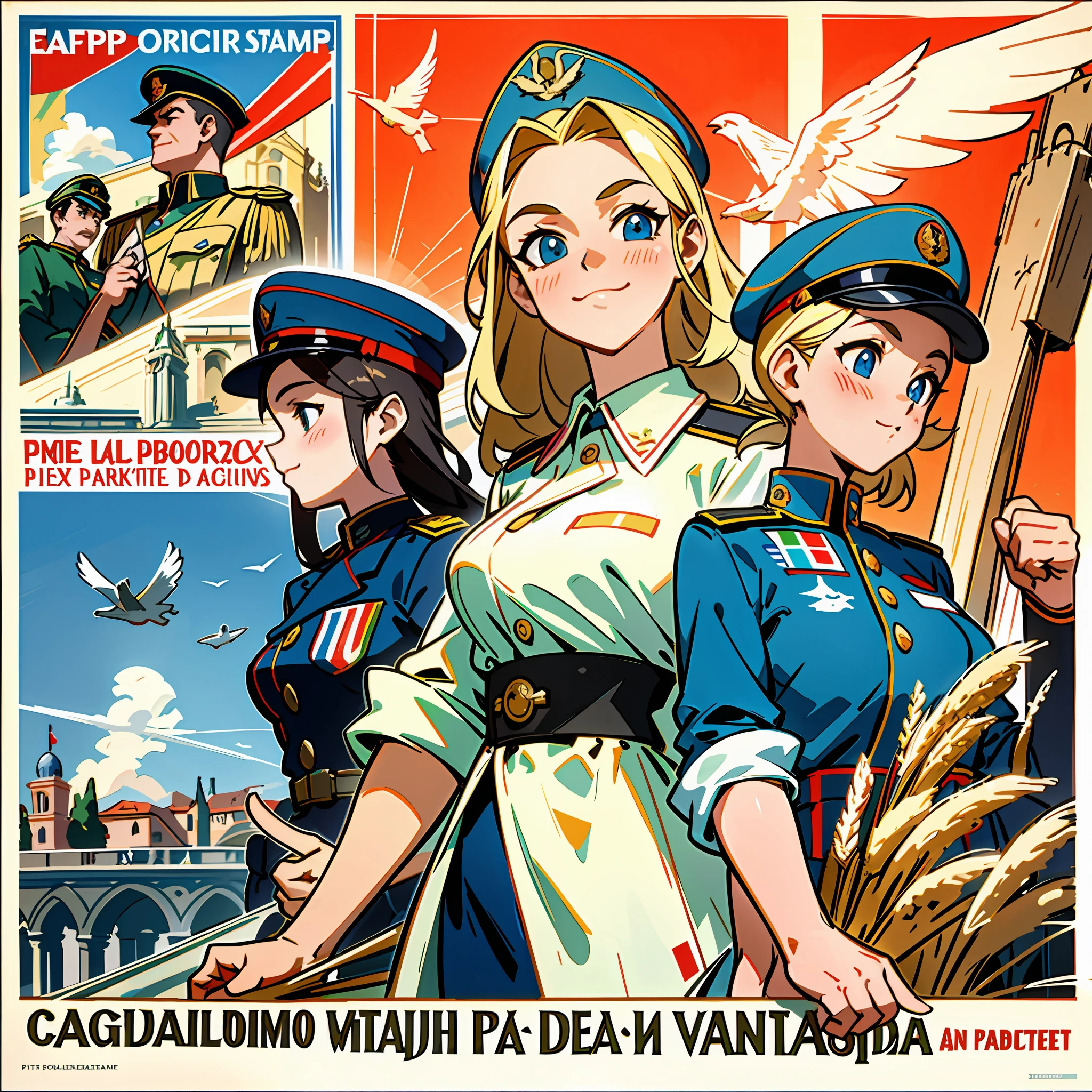 (Masterpiece), (Best Quality), (Exquisite Details), Propaganda Poster, Italian Style, Wide Angle Lens, A Group of People, Italian Soldiers, Italian Military Uniforms, Small Breasts, Smiles, Civilians, Workwear, Firm Expression, Half-naked Arms, Passing Flyer, Gears, Peace Birds Flying, Italy Flag, Flag with Gears and Wheat Print, Cityscape, Architecture, High-Speed Rail Trains, Italian constitution, Italian