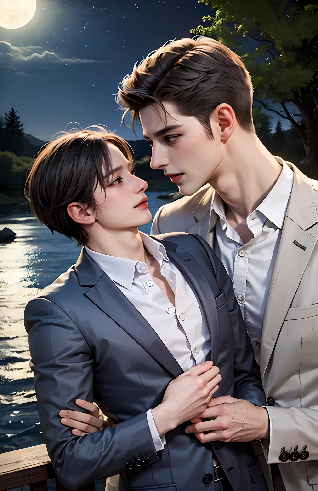 Masterpiece, top quality, two men, adult, in a suit, kiss on the neck, tall muscles, handsome and delicate eyes, intricate details, clear water, moonlit night, smile, aesthetic, romantic, dreamy