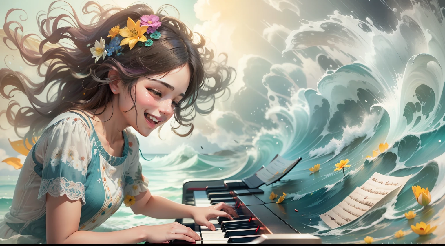 Beautiful flowers, girl enthusiastically playing the piano against the background of raging waves, smiling face, multi-colored water ink, multi-colored ink, white ink cloud, art by alberto ceveso, freestyle, intricate details, cinematic lighting, octane rendering, volumetric lighting --style Fantasy