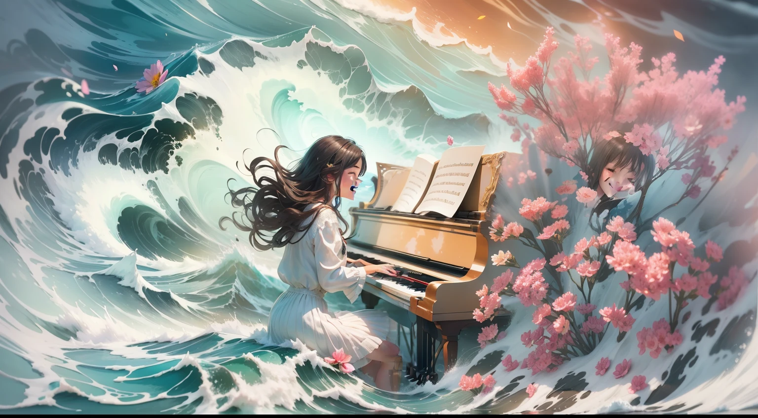 Beautiful flowers, girl enthusiastically playing the piano against the background of raging waves, smiling face, multi-colored water ink, multi-colored ink, white ink cloud, art by alberto ceveso, freestyle, intricate details, cinematic lighting, octane rendering, volumetric lighting --style Fantasy