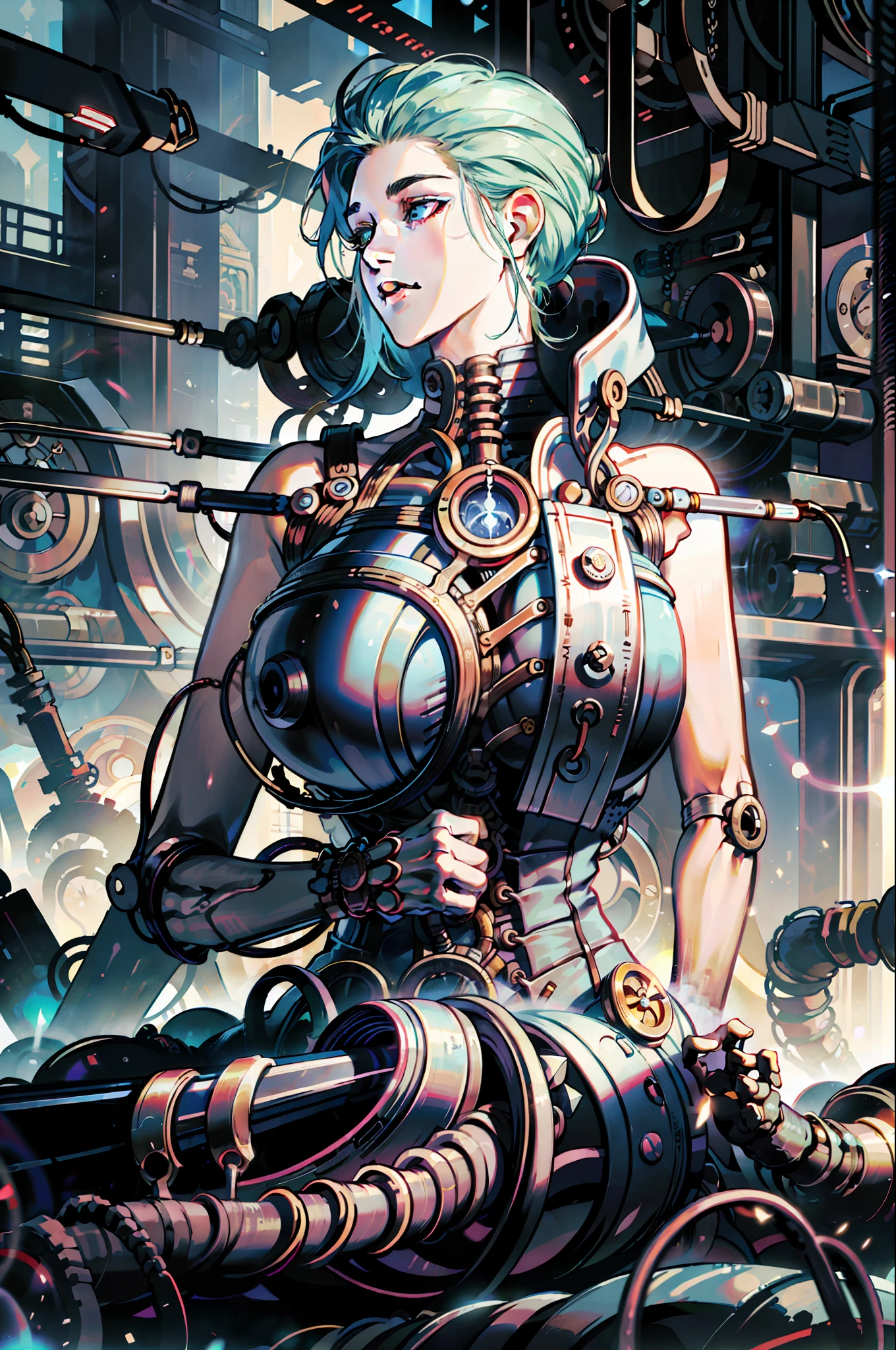 (absurdres, highres, ultra detailed), (a cyberpunk gunsmith in her workshop), huge breasts, strong, a little dirty, solo, mature, cinematic light,(machine made joints:1.2),((machanical limbs)),(vessels connected to tubes),(mechanical vertebra attaching to back),((mechanical cervial attaching to neck)),(sitting),expressionless,(wires and cables attaching to neck:1.2),(wires and cables on head:1.2)(character focus),science fiction