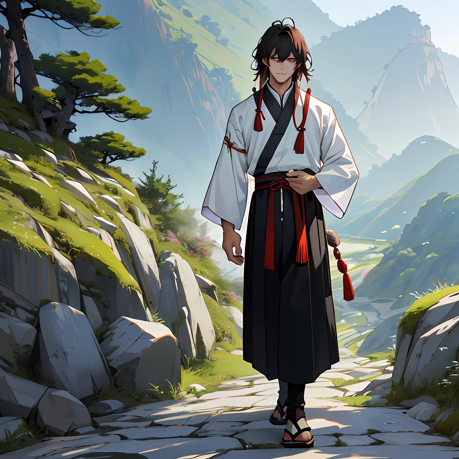 best qualtiy:1.0),(超高分辨率:1.0),Anime boys,High value,China-style,Chinese Ancient Times,brunette color hair,blackigeyes,Long split ends,with long bangs,Lazy and handsome,Walking on mountain roads