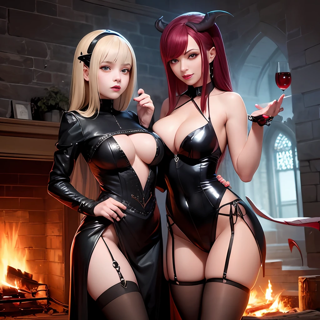 Two sexy women dressed in black and red standing in front of the fire, Succubus | medieval, by Yang J, a beautiful succubus, Succubus, Extremely detailed Artgerm, style of raymond swanland, dark fantasy style art, Epic fantasy art style, WLOP et Artgerm, succubus in tight kilt, IG model | Art germ --auto