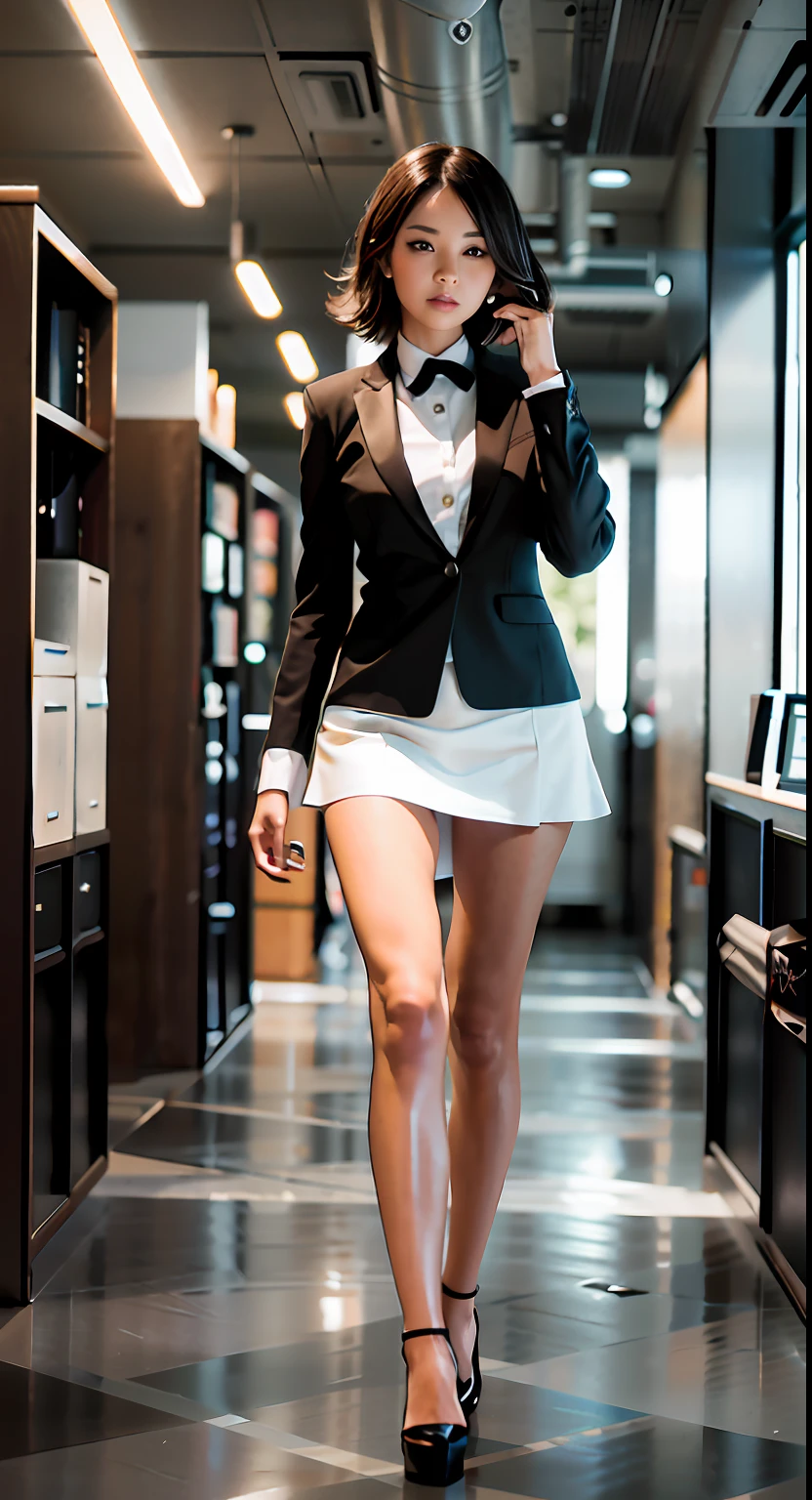 Woman in short skirt and black jacket walks in hallway, Wearing a strict business suit, wearing a business suit, Office Clothes, very sexy costume, in a strict suit, Girl in a suit, Sexy Outfit, Fully dressed, Wearing a business suit, Girl in suit, wearing jacket and skirt, wearing white skirt, in a strict suit, wearing skirt, wearing tight suit