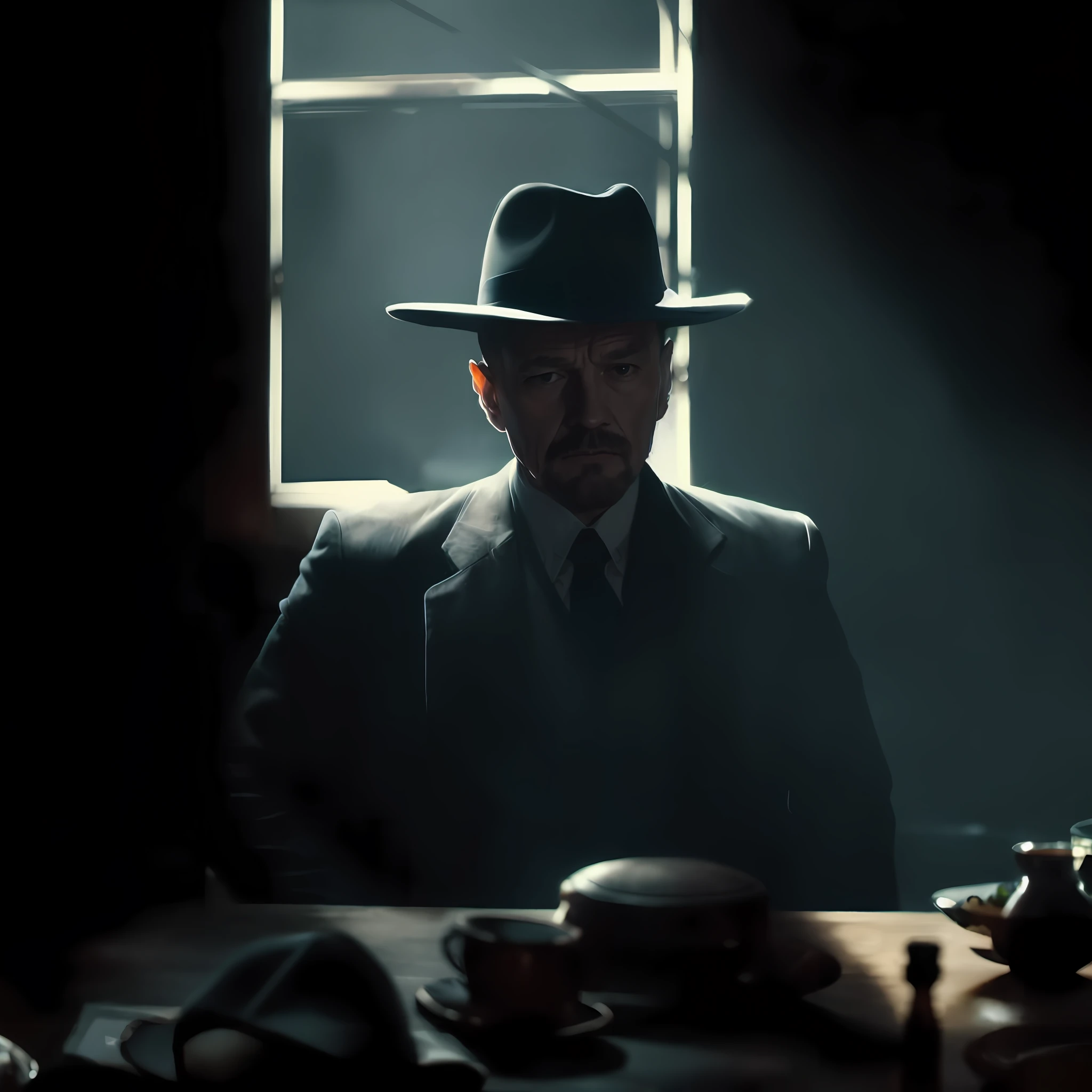 There is a man in a hat and suit sitting at a table, filme noir ainda, Cinematografia deslumbrante e mal-humorada, imagem promocional do filme, Filmado de Cinematic, filme promocional ainda, Detetive Noir e um Fedora, Fotografia de Westworld, ainda do filme, dramatic cinematic shot, a suited man in a hat, Cinematografia estranha e mal-humorada, Walter White em Valorant