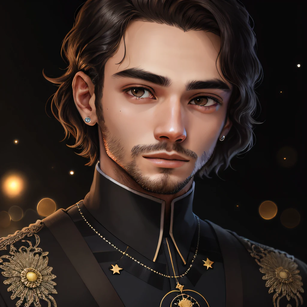 estrelas, Portrait of a young man with serene expression, fundo negro, foco no rosto, terno futurista, cabelo curto e bem arrumado.