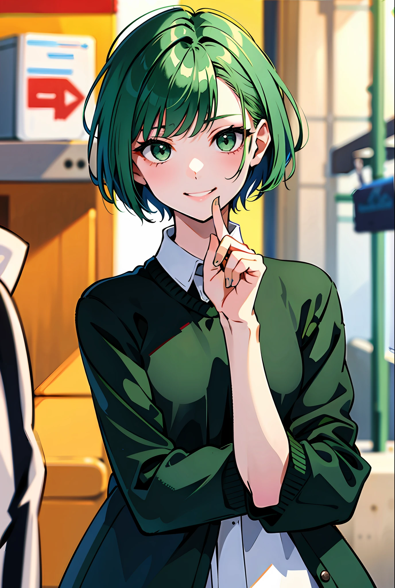 Girl with green hair Green eyes receive greetings Raise his hand Short hair face with  Warm welcome smile Entry from home