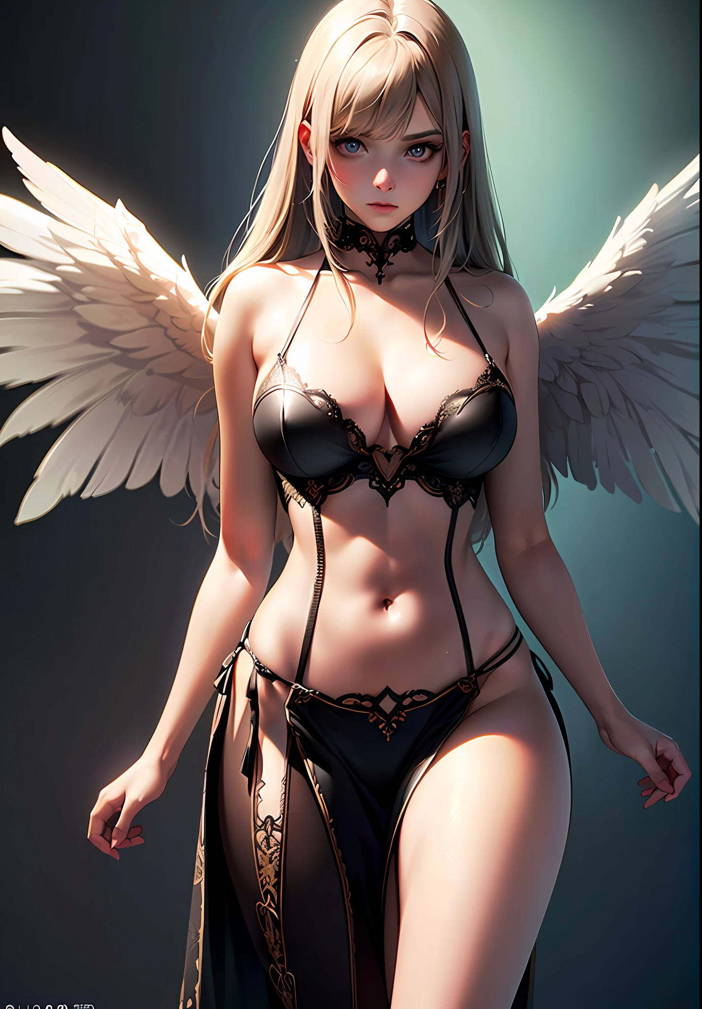 (masterpiece, top quality, best quality, official art, beautiful and aesthetic:1.2), (high resolution, absurd resolution, 8k resolution, 4k resolution:1.3), (intricate, complex, retouched image, hdr:1.8), (sharp focus, detailed background:1.5), (digital painting:0.8), (3d render:0.002), (ray tracing:0.002), color graded, subsurface scattering, volumetric lighting, soft lighting, intense shadows, semi-realistic, retouched image, octane render, (angel wings:1.3), detailed face, detailed eyes, detailed hands, long hair