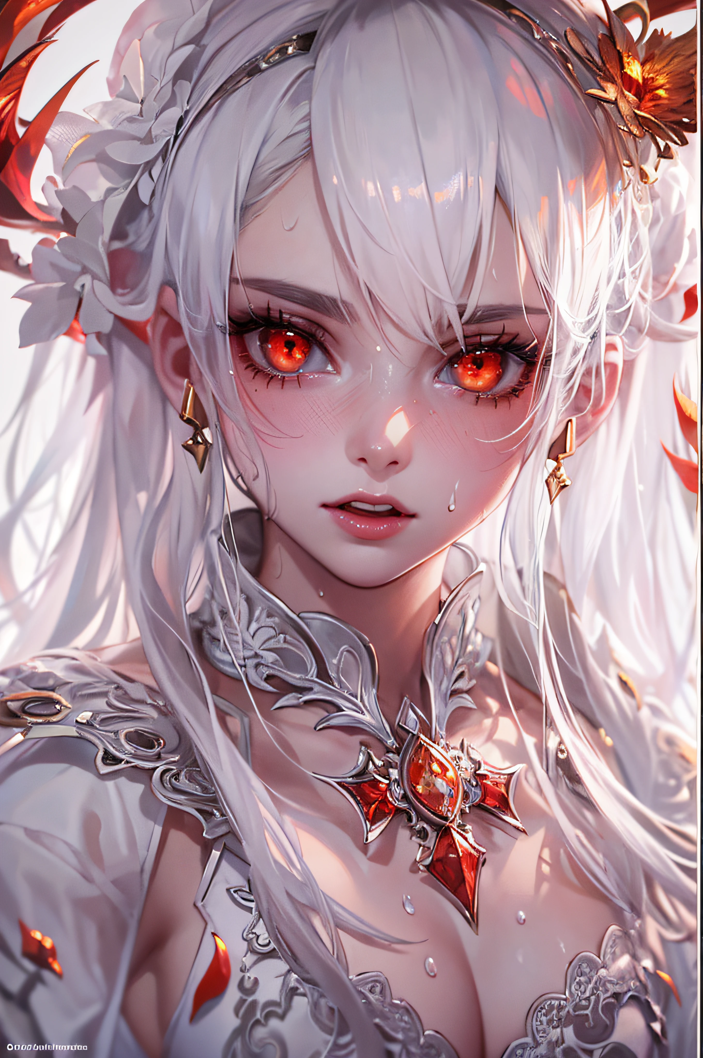 (masterpiece, top quality, best quality, official art, beautiful and aesthetic:1.2), (1girl:1.3), (fractal art:1.3),absurd, masterpiece, best quality, realistic, hyper-detailed, (shiny skin, sweaty:1.4), looking at viewer, slender, 1girl, solo, white sneakers, white miniskirt, straight long hair, princess cut, white hair, red eyes, (thick thighs:0.5), dynamic lighting, high resolution, sharp focus, depth of field, small breasts, vampire, masterpiece, best quality, ultra-detailed, illustration, ultra-detailed face, best quality face, evil, 18 years old, adult, 1girl, 18 years old, no human, white hair, alchemy outfit, intricate detailed outfit, sexy pose, glowing red dress, cute, kawaii, digital art, finely detailed eyes