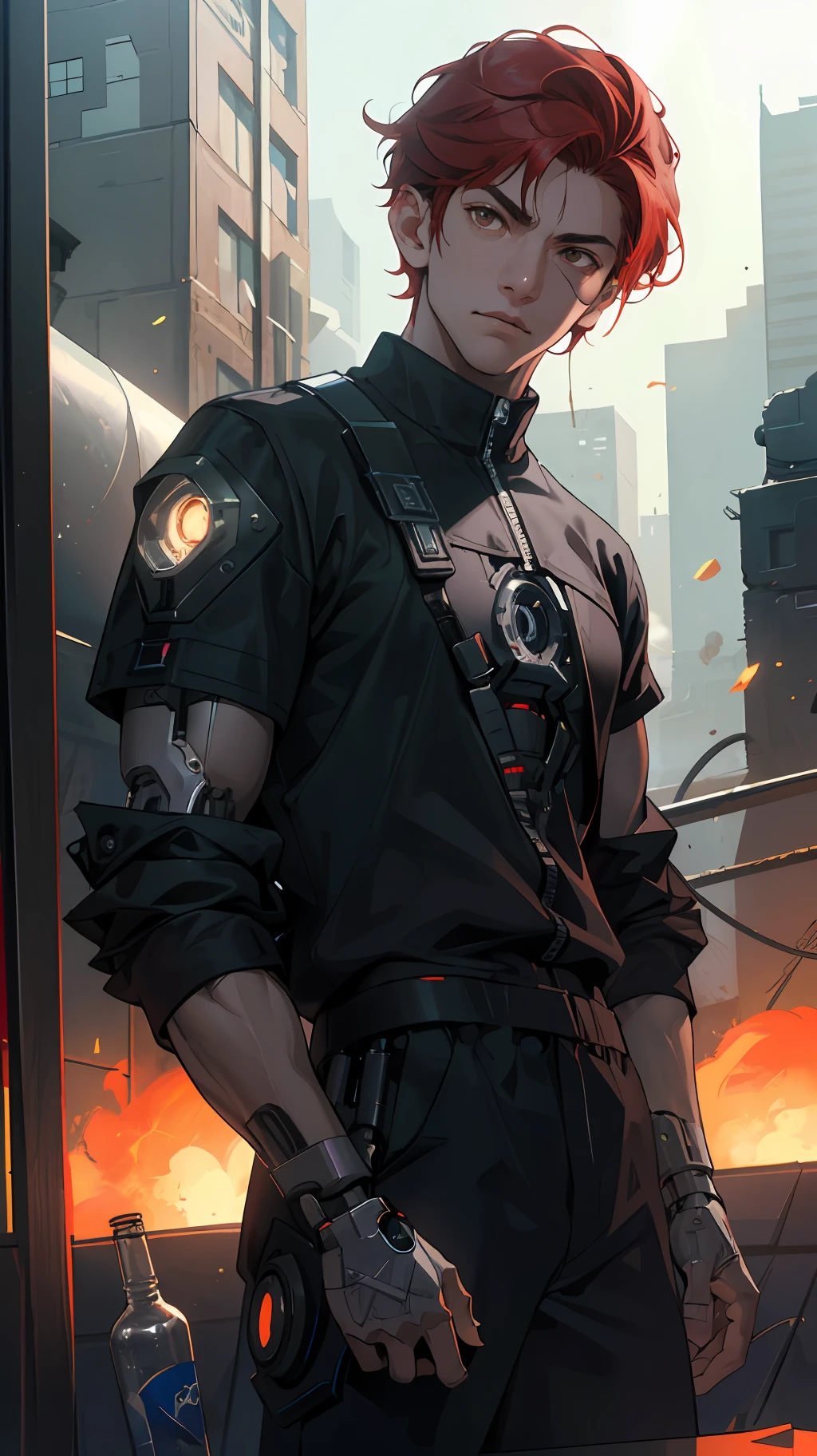 Smoke, (war:1.5), postapocalypse, ((Planets in the sky, stars in thr sky)), ((the night:1.5)), The ruined backdrop of the city, ((spaceship in the sky)), science-fiction, (sports body: 1.4), ((1male)), ( muscular male body), (sly look:1.3), (stands on the roof of the house), (short red hair:1.4), (Brown eyes:1.2), (Detailed eyes and face:1.3), (Cyberpunk clothes), (black clothing:1.3), black sweatshirt, Black pants, (Cyborg's left arm:1.3), (Bottles on the floor), cityFuture, (calm face:1.3), Destroyed skyscrapers, Wire, HDR (High Dynamic Range), ray traced, NVIDIA RTX, Over-resolution, Unreal 5, sub-surface Scattering, текстурирование PBR, postprocessed, Anisotropic filtering, Depth of field, Maximum clarity and sharpness, Multi-layer Textures, Albedo and specular maps, Surface shading,  Accurate Light-Material Interaction Simulation, Octane rendering, duotone lighting, Low ISO, White balance, the rule of thirds, Wide aperture, 8K RAW, efficient sub-pixel, sub-pixel convolution, (luminescent particles: 1.4), {{tmasterpiece, beste-Qualit, extremely detailed CGI, Unity 8k壁纸, 3d, 电影灯光, lens flares}},