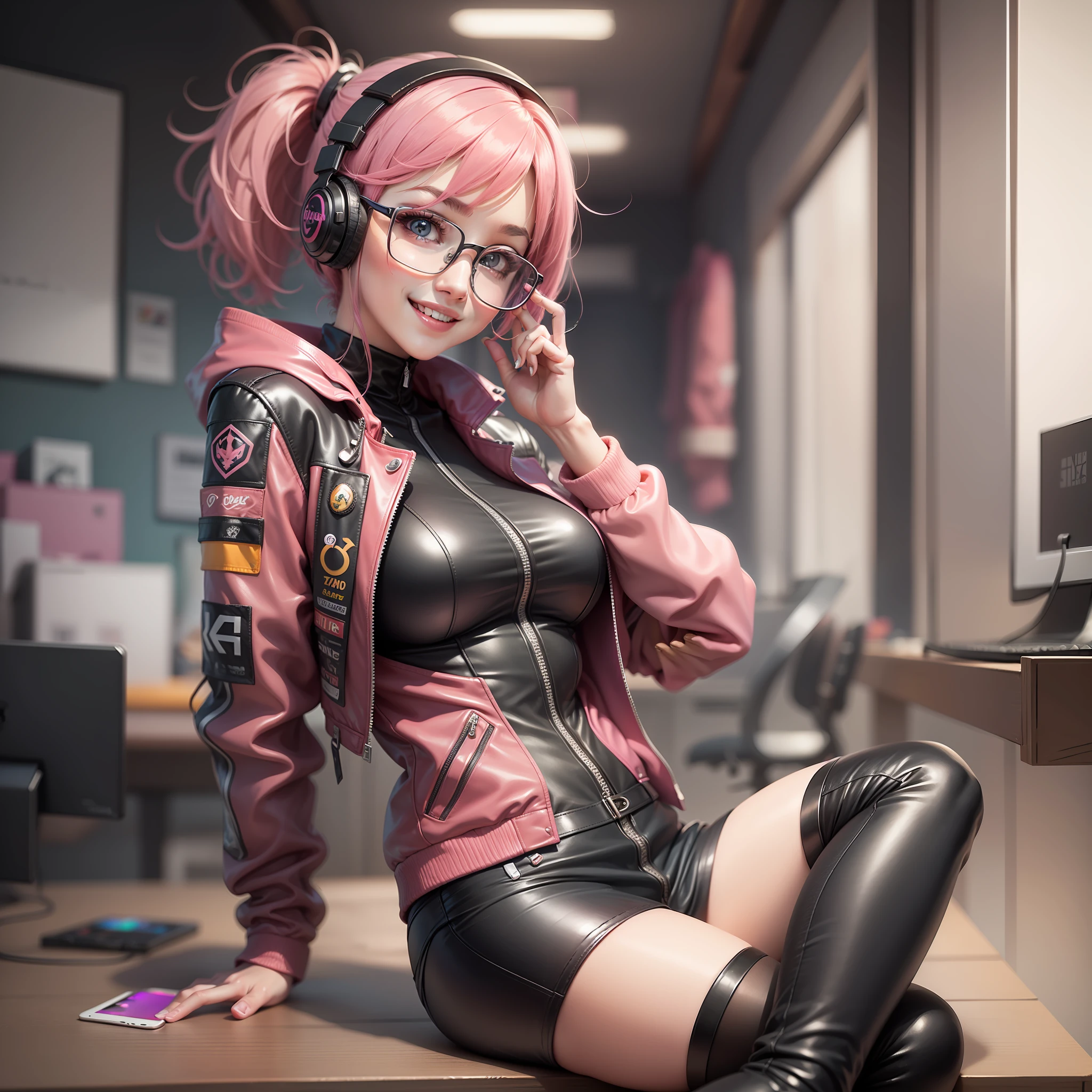 Gamer Girls girl with a smile top-quality masterpiece 超A high resolution Pink hair beautiful a girl leather jackets eye glasses