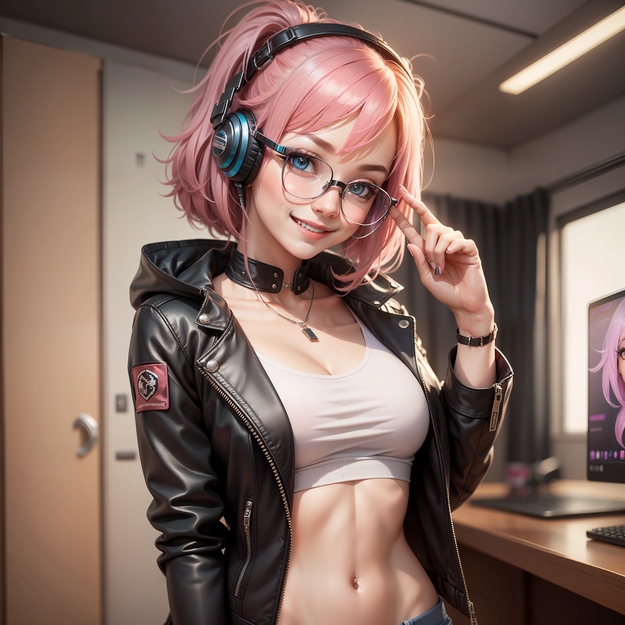 Gamer Girls girl with a smile top-quality masterpiece 超A high resolution Pink hair beautiful a girl leather jackets eye glasses In front of a computer