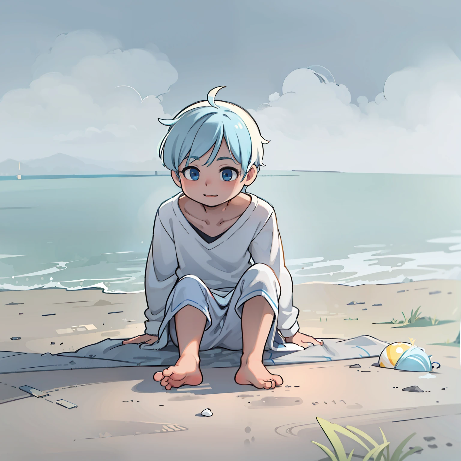4K), Cute 7 year old little boy with small feet and short legs with light blue hair and barefoot and white clothes , Sits on the beach and feet in the air, Nebel Licht, Impressionismus, 2D, Focused on the feet
