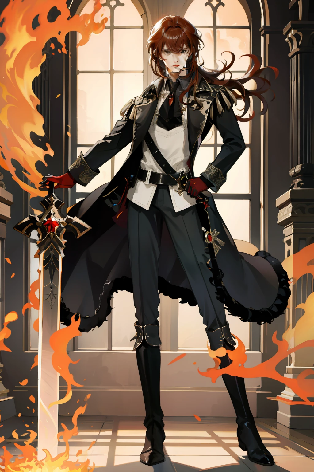 extremely delicate and beautiful, Amazing, finely detail, masterpiece, ultra-detailed, highres,best illustration, best shadow,intricate,sharp focus, high quality, 1 male solo, ((mature)) handsome, tall muscular guy, broad shoulders, (((dark red hair))) diluc genshin impact, dark brown coat with fur on the bottom, dark red gloves, black tie, light shirt, dark pants, big black boots, dynamic battle pose, big sword, fire fractal swirls, fire bird