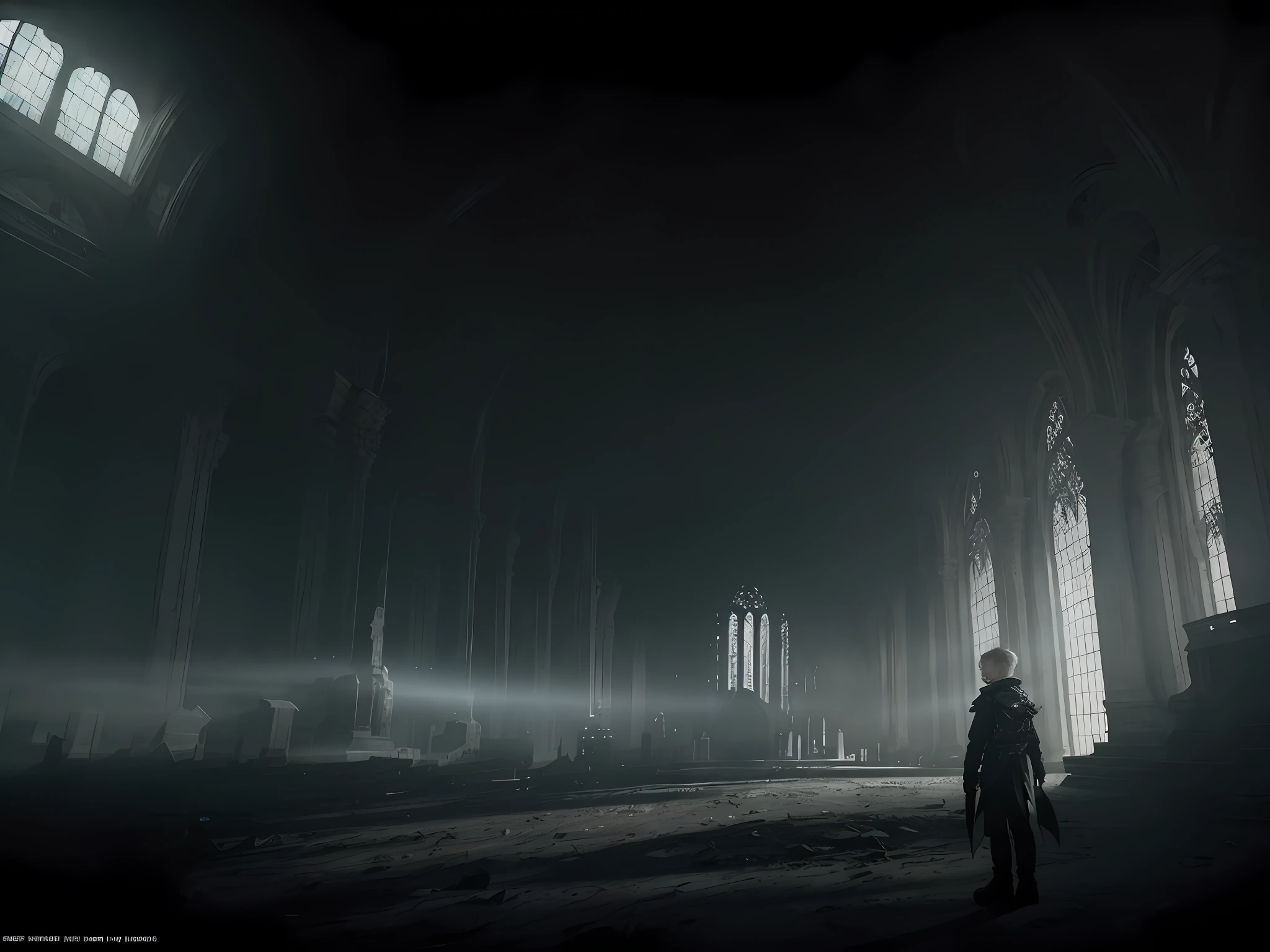 a still of event horizon 1997, ghoulish young boy white pure white eyes, wearing disheveled clothes, moody gothic spaceship interior,beaultiful background, bokeh, illustrated by greg rutkowski, beautiful volumetric lighting, intricate, ultra detailed, photorealistic, trending on artstation, octane render, 8 k