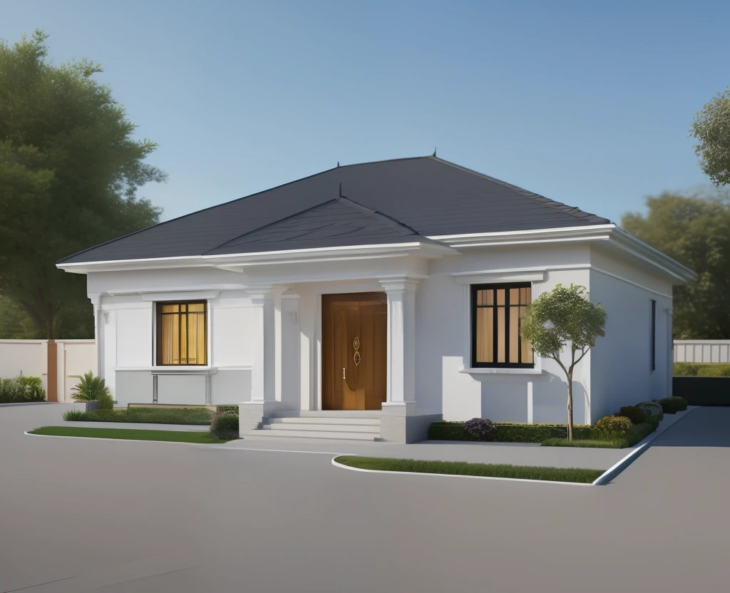 a drawing of a small house with slope roof, (brightenness:1.3), (morden:1.3)), (road:1.3), large space infront of, detail flower front perspective, frontview, perspective view, wide frontal view, front view, front-view, rendering, elevation view, front elevation view, all white render, sketch - up, frontal view, symmetrical front view, front facing view, front elevation, 3/4 front view, front side view,"A picture showcasing a captivating modern villa, featuring an expansive and well-ventilated yard adorned with vibrant flowers and flourishing trees."(RAW photo), highest quality, (masterpiece:1.2), High detail RAW color photo, extremely detailed CG unity 8k wallpaper, (photo realism:1.4), (highres), hyperdetailed, (photorealistic:1.2), (best quality:1.3),perfect anatomy, (exterior), model villa, super realistic , 32k, yellow flowers, green grass, fresh, ((open pose:1.1), yellow flowers, green grass, fresh, bright yellow sunshine, ((feeling of joy: 1.3)),
The lobby pillar is designed in a neoclassical motif with the base of the pillar covered with black granite, the roof neck is painted in coffee brown to create a pleasant feeling, 3 lightning rods, summer noon light
