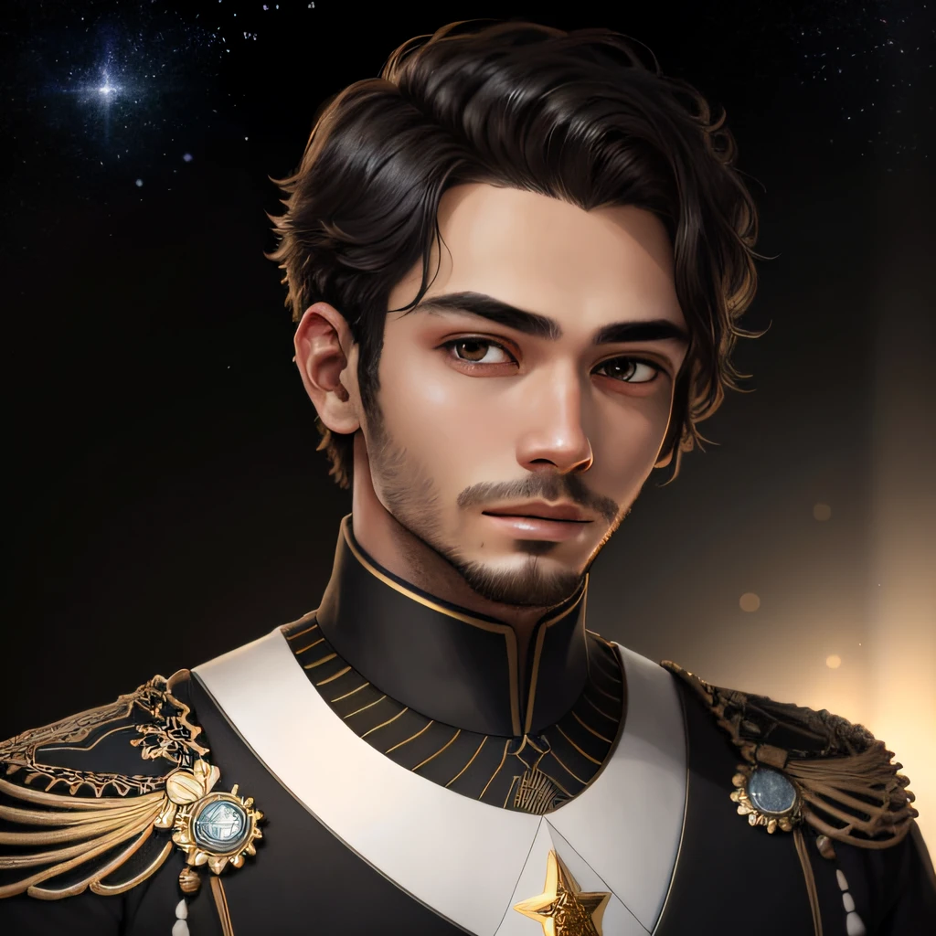 estrelas, Portrait of a young man with serene expression, fundo negro, foco no rosto, terno futurista, cabelo curto e bem arrumado.