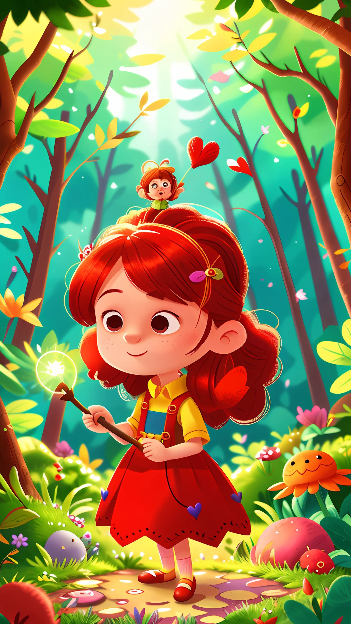 A beautiful little fairy, with a totally red dress, magic wand, in the middle of the colorful enchanted forest, holding a heart, perfect quality, clear focus (mess - house: 0.8), (masterpiece: 1.2) (Realistic: 1.2) (Bokeh) (Best quality) (Detailed Skin: 1.3) (Intricate Details) (8K) (Eye Detail) (Sharp Focus)
