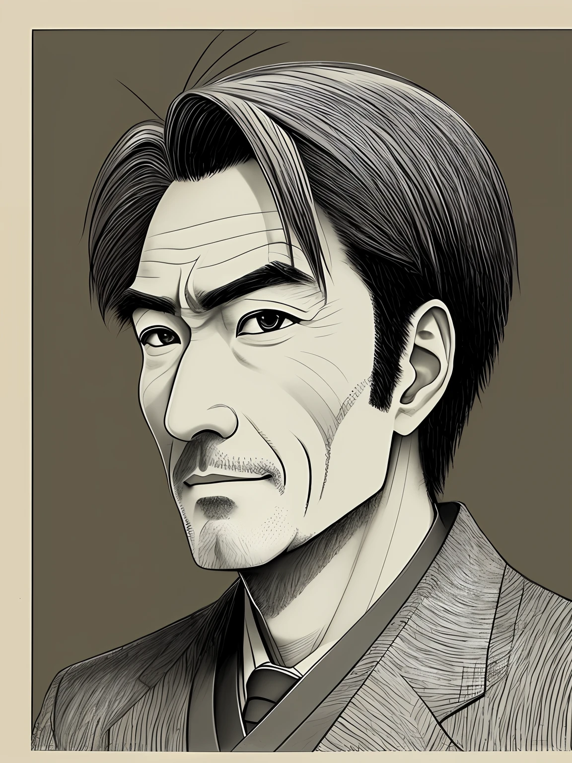 Japanese manga middle-aged man,character sketch,pencil),intricately details,finely detailled,hyper-detailing,caricature