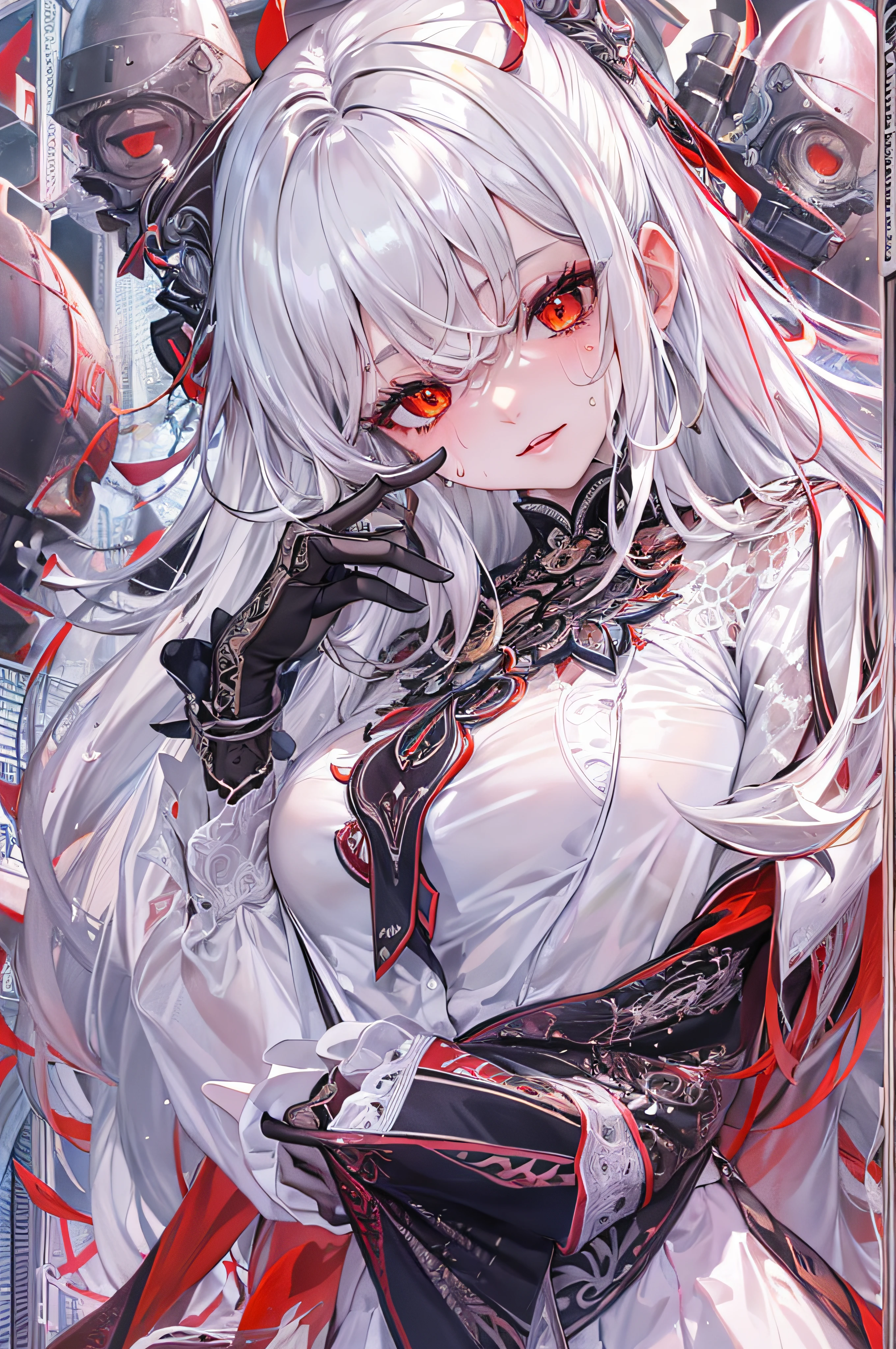 (masterpiece, top quality, best quality, official art, beautiful and aesthetic:1.2), (1girl:1.3), (fractal art:1.3),absurd, masterpiece, best quality, realistic, hyper-detailed, (shiny skin, sweaty:1.4), looking at viewer, slender, 1girl, solo, white sneakers, white miniskirt, straight long hair, princess cut, white hair, red eyes, (thick thighs:0.5), dynamic lighting, high resolution, sharp focus, depth of field, small breasts, vampire, masterpiece, best quality, ultra-detailed, illustration, ultra-detailed face, best quality face, evil, 18 years old, adult, 1girl, 18 years old, white hair, alchemy outfit, intricate detailed outfit, sexy pose, glowing red dress, cute, kawaii, digital art, finely detailed eyes