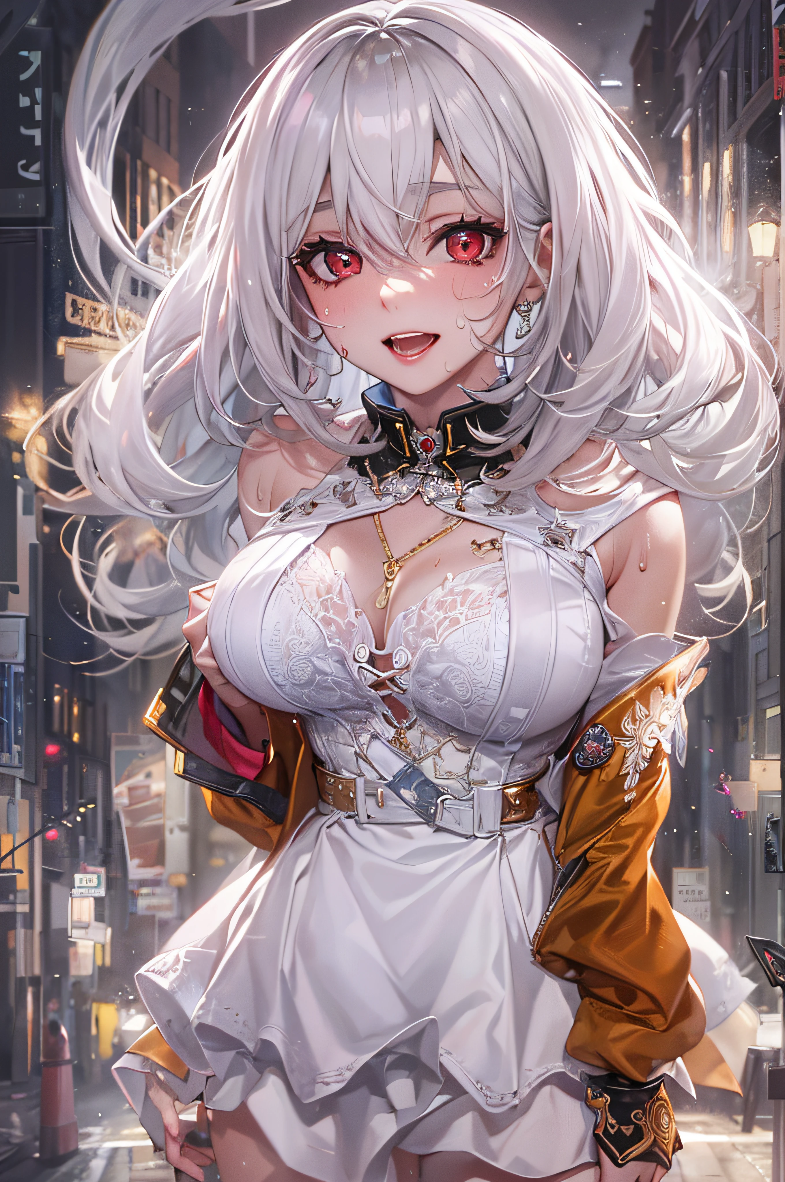 (masterpiece, top quality, best quality, official art, beautiful and aesthetic:1.2), (1girl:1.3), (fractal art:1.3),absurd, masterpiece, best quality, realistic, hyper-detailed, (shiny skin, sweaty:1.4), looking at viewer, slender, 1girl, solo,  white sneakers, white miniskirt, straight long hair, princess cut, white hair, red eyes, (thick thighs:0.5), dynamic lighting, high resolution, sharp focus, depth of field, small breasts, vampire,  masterpiece, best quality, ultra-detailed, illustration, ultra-detailed face, best quality face, evil, 18 years old, adult, 1girl, 18 years old, white hair, alchemy outfit, intricate detailed outfit, sexy pose, glowing red dress, cute, kawaii, digital art, finely detailed eyes
