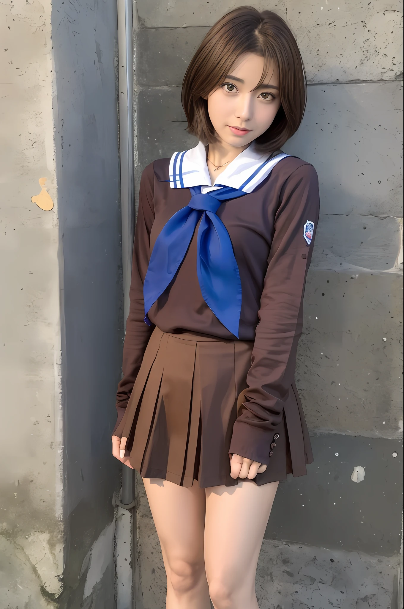 La mejor calidad, Altas Resoluciones, 1girl, solamente, Uniforme escolar, falda, Nakagawa Natsuki, Uniforme de escuela secundaria Kitauji, brown hair, Calcetines, Serafuku, purple eyes, Neckerchief, Collar de marinero, falda plisada, Calcetines blancos, Cola de caballo, falda azul, manga corta, camisa, Camisa blanca, Cuello marinero azul, blue neckerchief, Pelo de antena, Cabello largo, head bowing, aqua neckerchief,