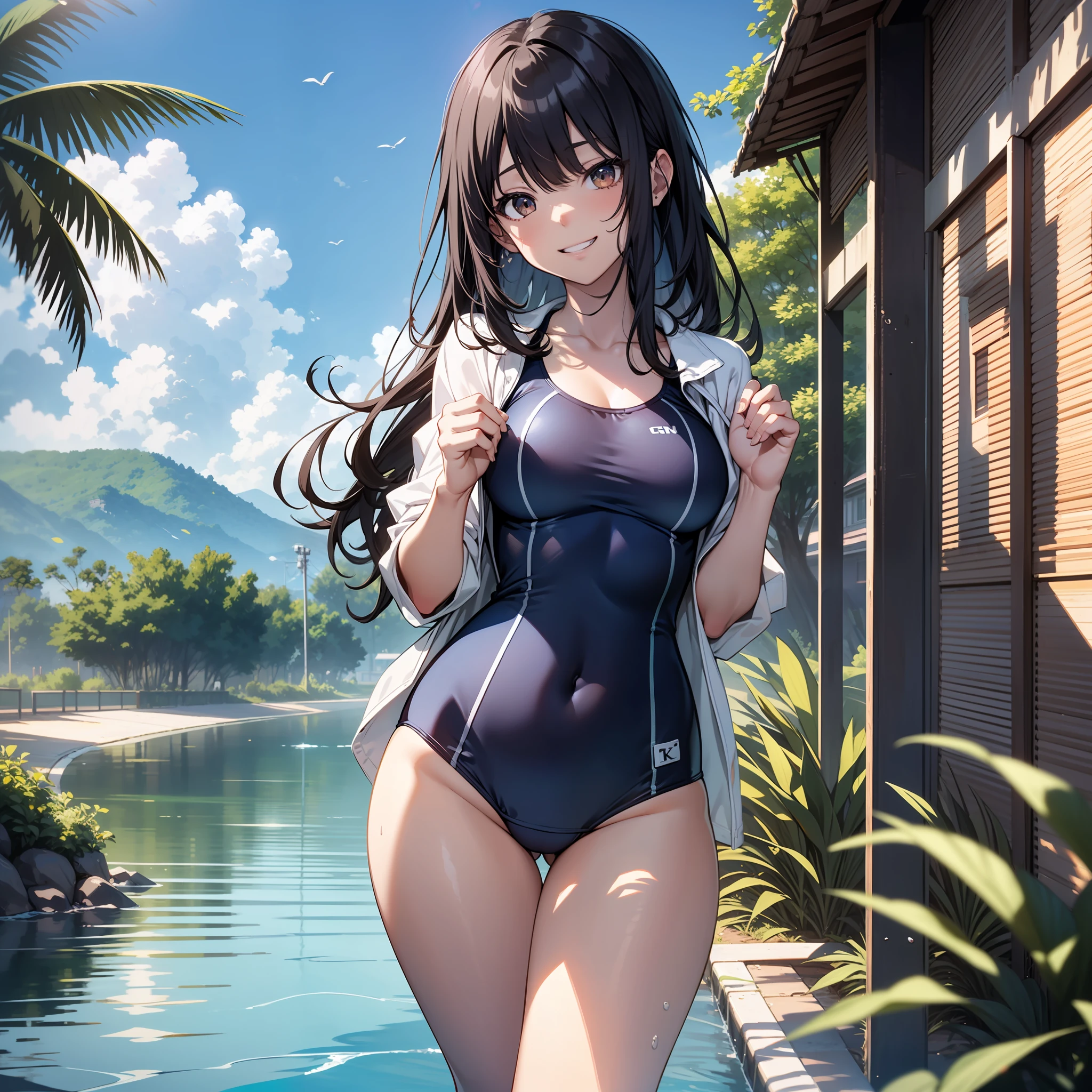 masutepiece, Best Quality, hyper detailed illustration，beautiful artwork，(Extreme Detail CG Unity 8K wallpaper、​masterpiece、top-quality)、(exquisite lighting and shadow、highly dramatic picture、cinematic lens effects)、(excellent details、Outstanding lighting、wide angles)、(Excellent rendering)，Anime girl in swimsuit posing with her hands on a branch of the road, 1girl in, Swimsuit, Outdoors, Solo, Smile, (Navy blue school swimsuit:1.2), onepiece swimsuit, (Twin-tailed), 、Black hair, The jacket is a white T-shirt, Looking at Viewer, Long hair, breasts, grin,  Covered navel,  day, Barefoot, White T-shirt, skyporn, Dark blue one-piece swimsuit, Sun, 鎖骨, Standing, cloud, Blue sky, Small breasts, Bangs，Brown eyes，School swim wear，swimming beach，