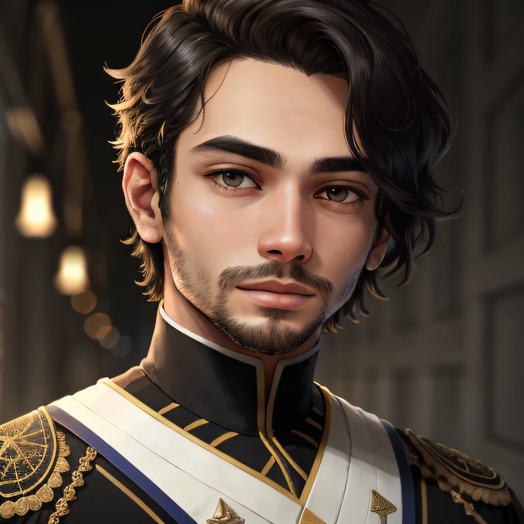 estrelas, Portrait of a young man with serene expression, fundo negro, foco no rosto, terno futurista, cabelo curto e bem arrumado.