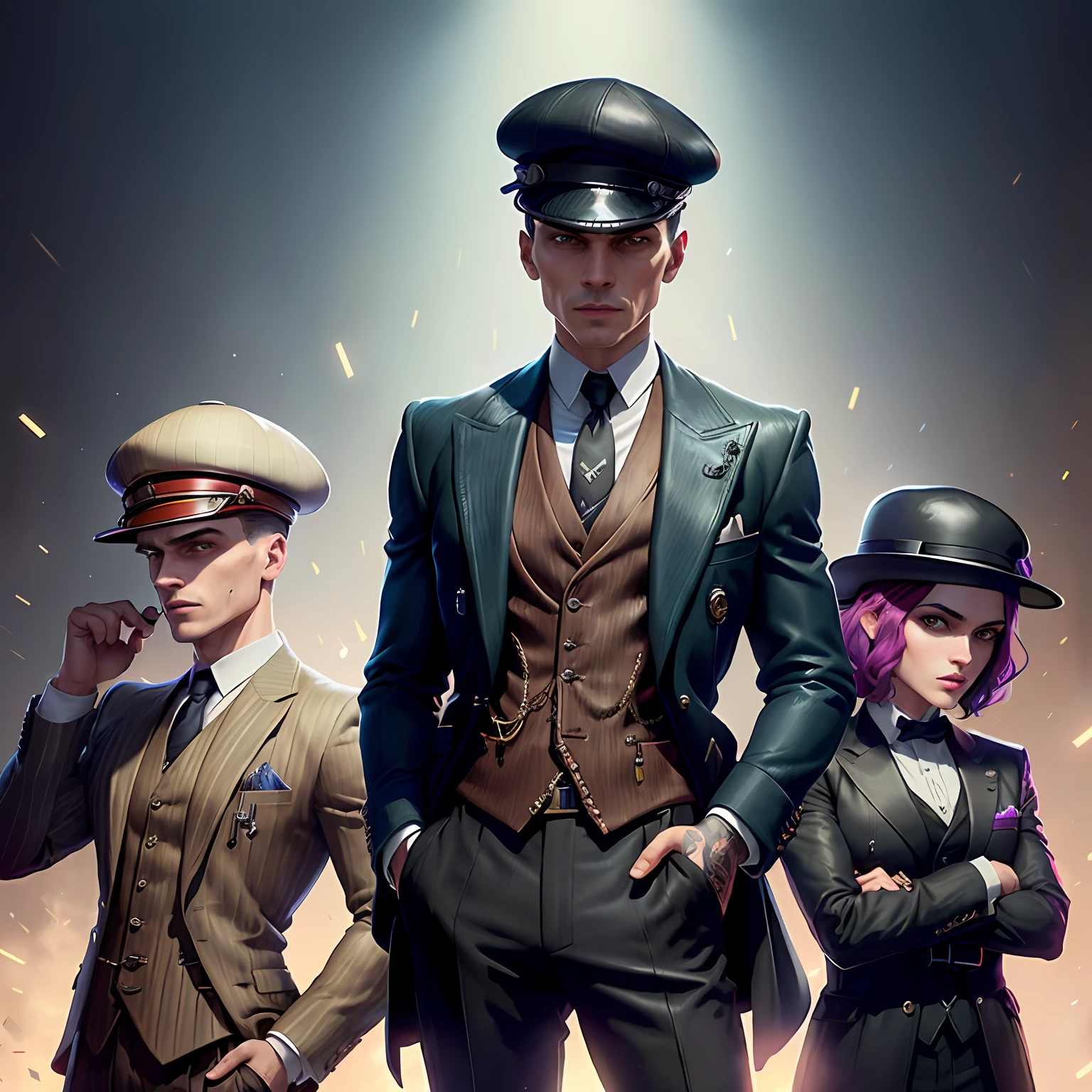 There are three uniformed people standing next to each other, arte chave, inspirado em Max Magnus Norman, Figurinos de Peaky Blinders, Turma de Peaky Blinders, arte chave do jogo, Persianas Peaky, arte oficial do personagem, cartola, arte oficial splash, no estilo Dieselpunk, 3-piece-suit, Dieselpunk, aesthetics of the game Fortnite, --auto