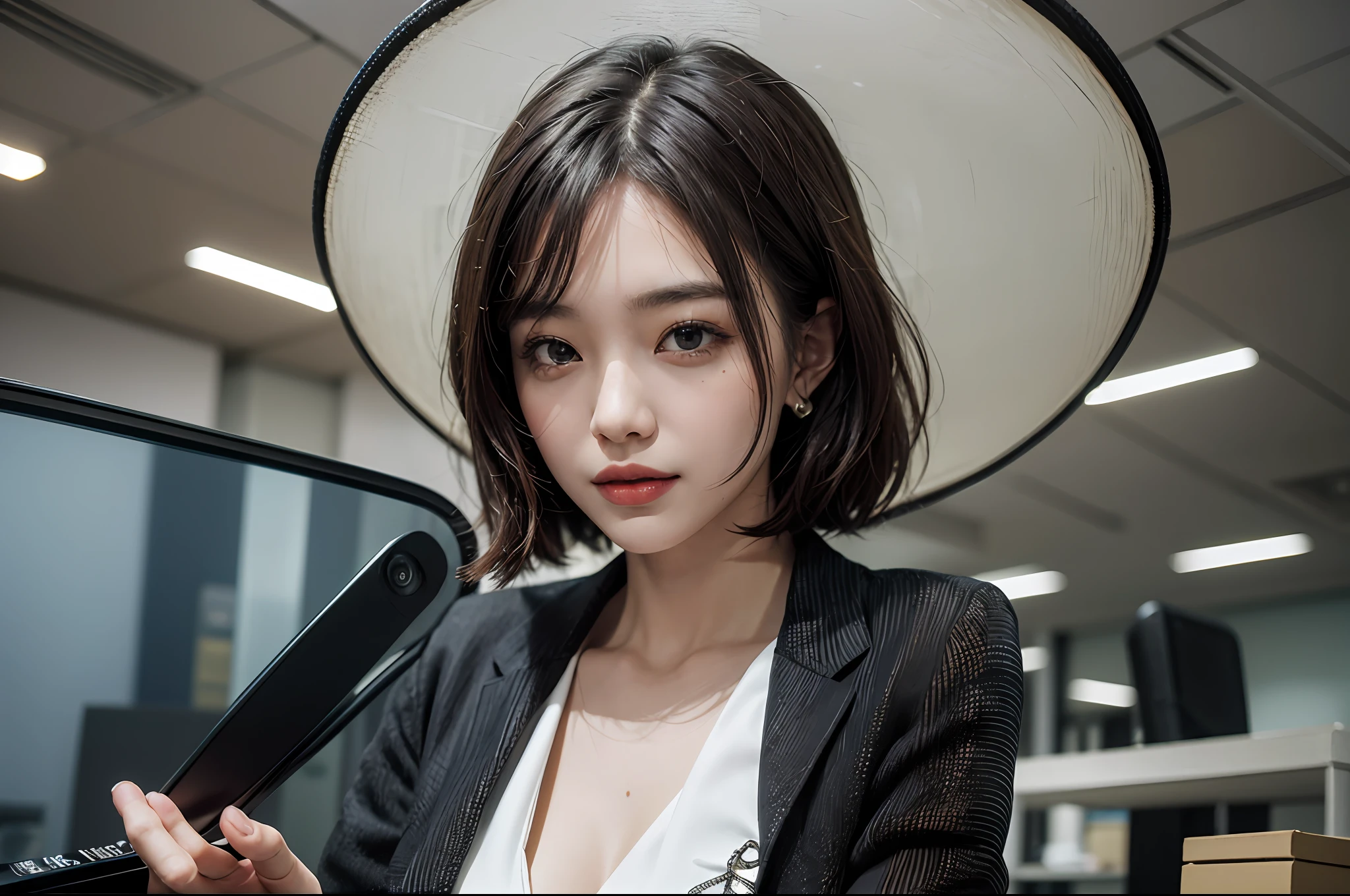Smiling Woman, (((shorth hair))), Business suits,((long skirt)),(masterpiece, top-quality, Near and far law), beautiful expression, in 8K, Raw foto, Photorealsitic, film grains, chromatic abberation, hight resolution, ultra-detailliert, finely detail, 动态照明, Dramatic Lighting、shadowy、extremely detailed eye and face、Round pupils、(((Modern and luxurious office)))、long legged