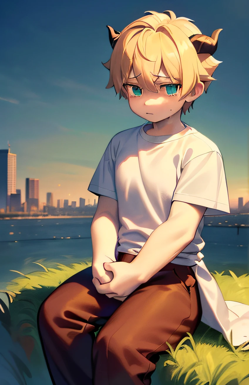 1boy, god of hyperdeath, crying, sit, black clothes, horns, goat, sunrise, city, ((((sit, looking on sky)))), (((green t-shirt, brown pants))), (best quality, ultra-detailed, best illustration, best shadow, masterpiece, high res, professional artwork, famous artwork), realistic paint, insane detailed green shine eyes, (((white fur)))