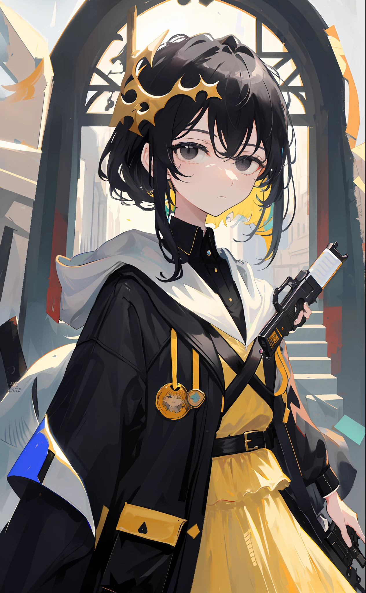 Highly detailed, masterpiece, Loli, black hair, black eyes, holding a pistol, pistol on her head, thousand yard stare, lifeless eyes