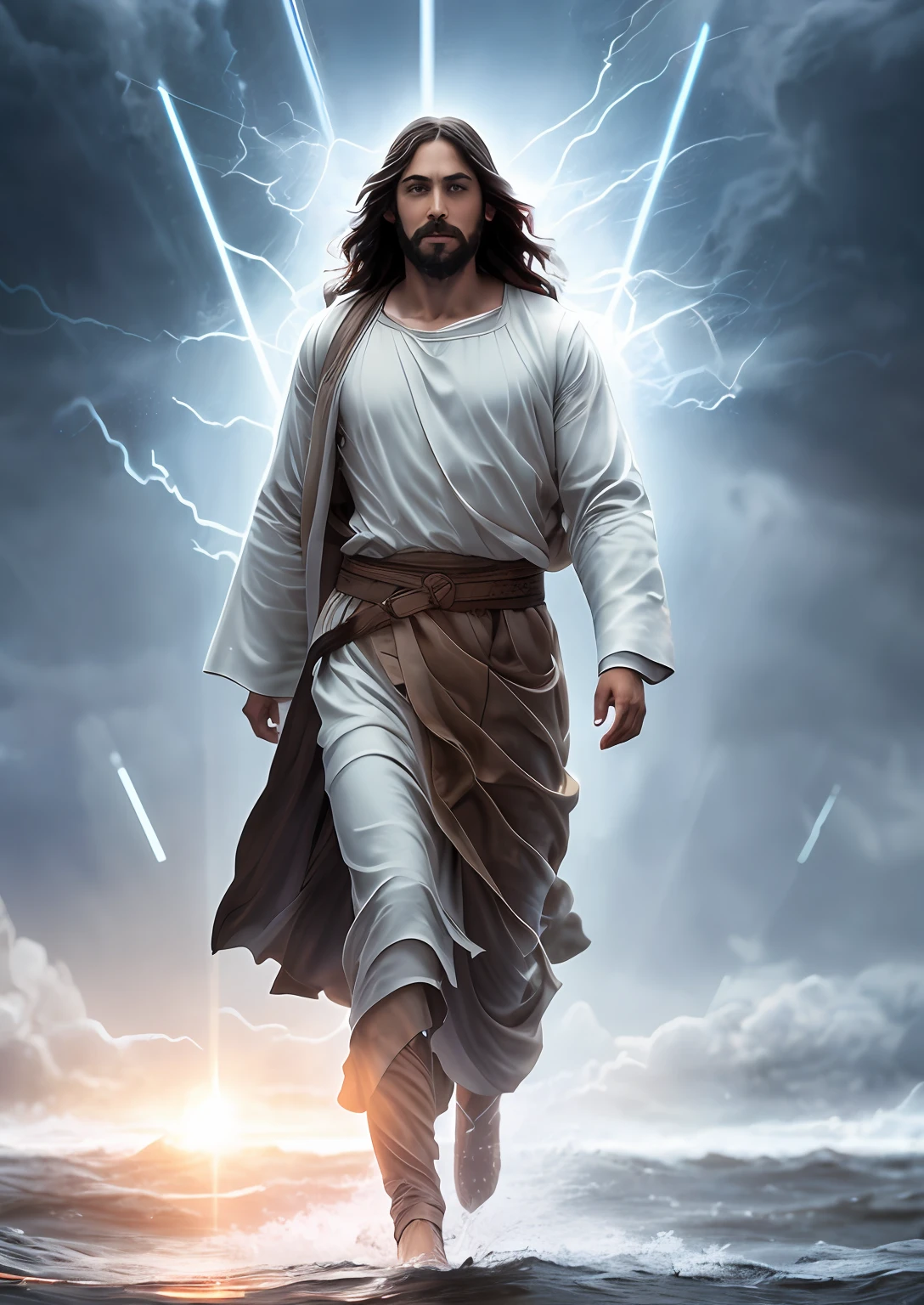 Jesus walking on water in a storm, gentle expression, streaks of light coming down from the sky, masterpiece, highest quality, high quality, highly detailed CG unit 8k wallpaper, award-winning photos, bokeh, depth of field, HDR, bloom, chromatic aberration, realistic, very detailed, trending at artstation, trending at CGsociety, complex, high detail, dramatic, mid-journey art, volumetric lighting