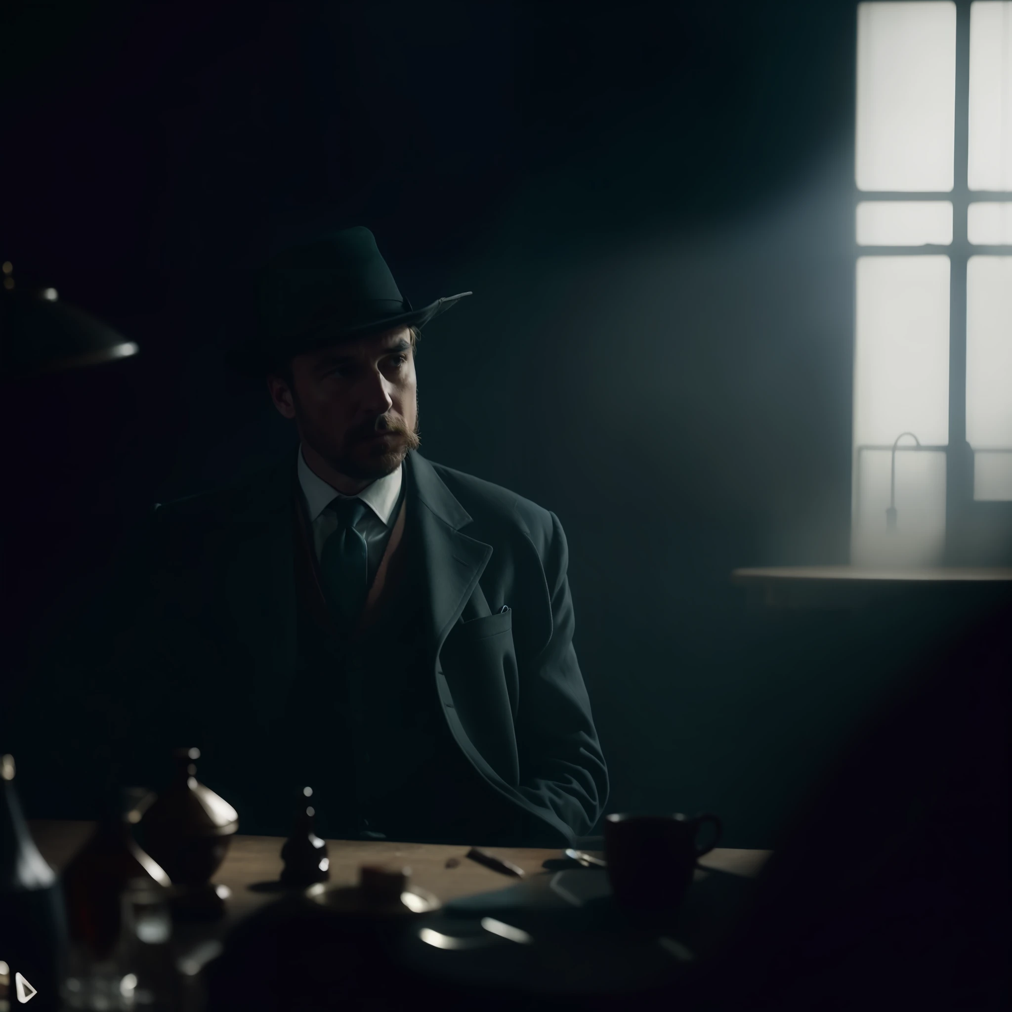 arafed man in a hat and coat sitting at a table, film promotional still, still from the film, film still promotional image, production still, peaky blinders (2018), dimly lit scene, cinematic lighting + masterpiece, stunning moody cinematography, still from a movie, dramatic film still, still from the movie, film still dnd