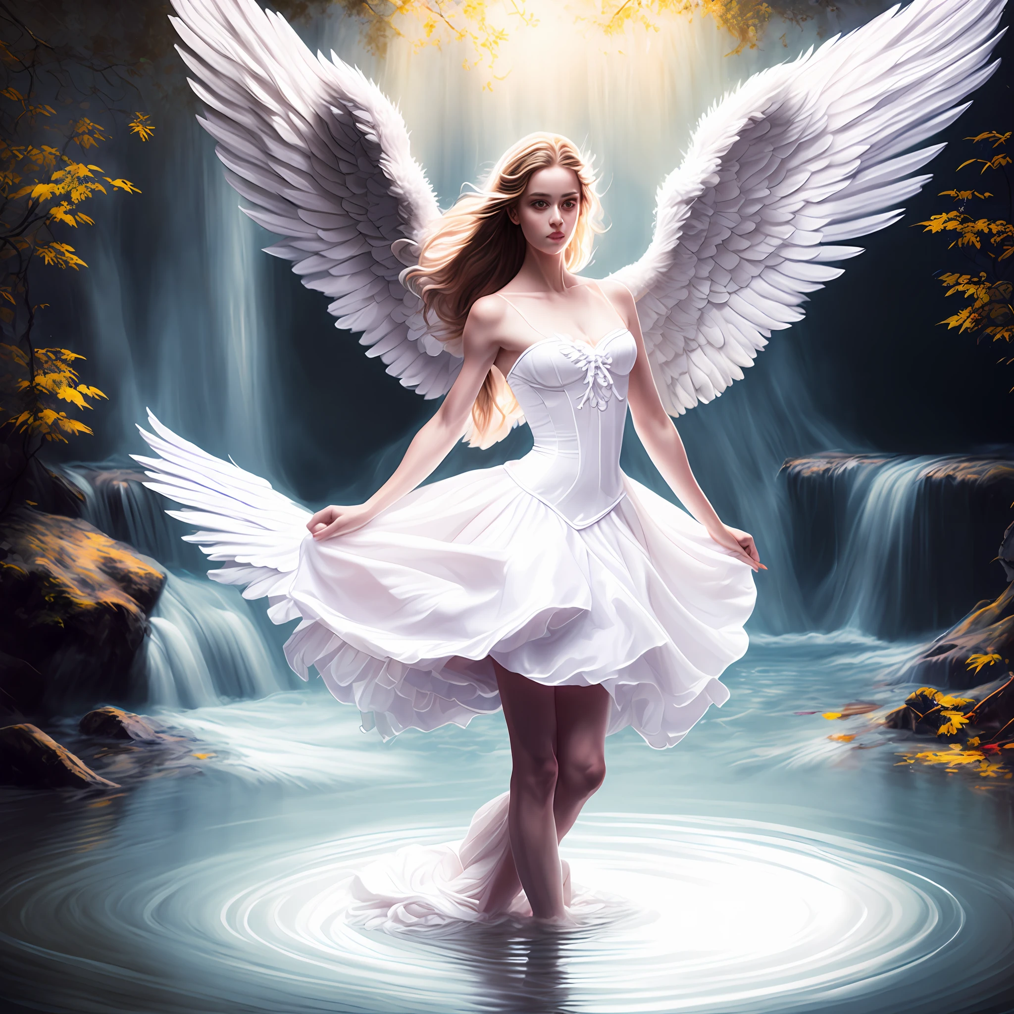 photo (fallenangel style:1) a digital painting of an (attractive angel:1) standing in the water wearing a white silk corset and ballerina skirt