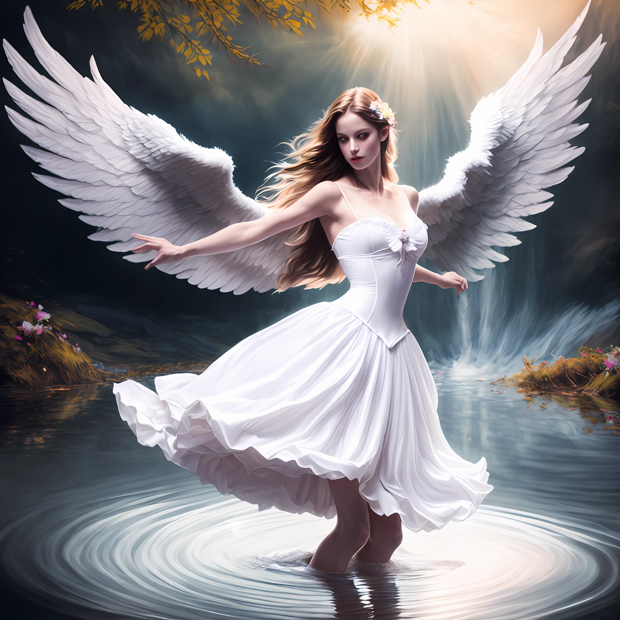 photo (fallenangel style:1) a digital painting of an (attractive angel:1) standing in the water wearing a white silk corset and ballerina skirt