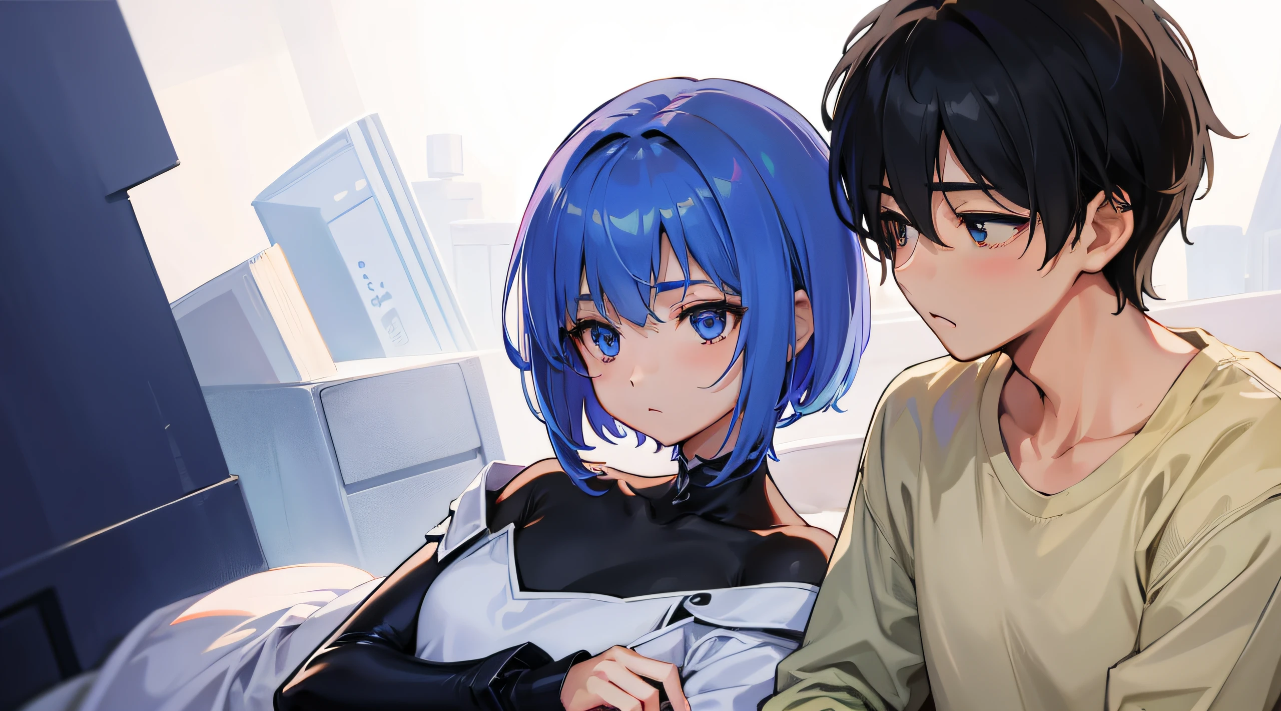 a couple(1Boy、1garl)、short-cut、Background Simple、