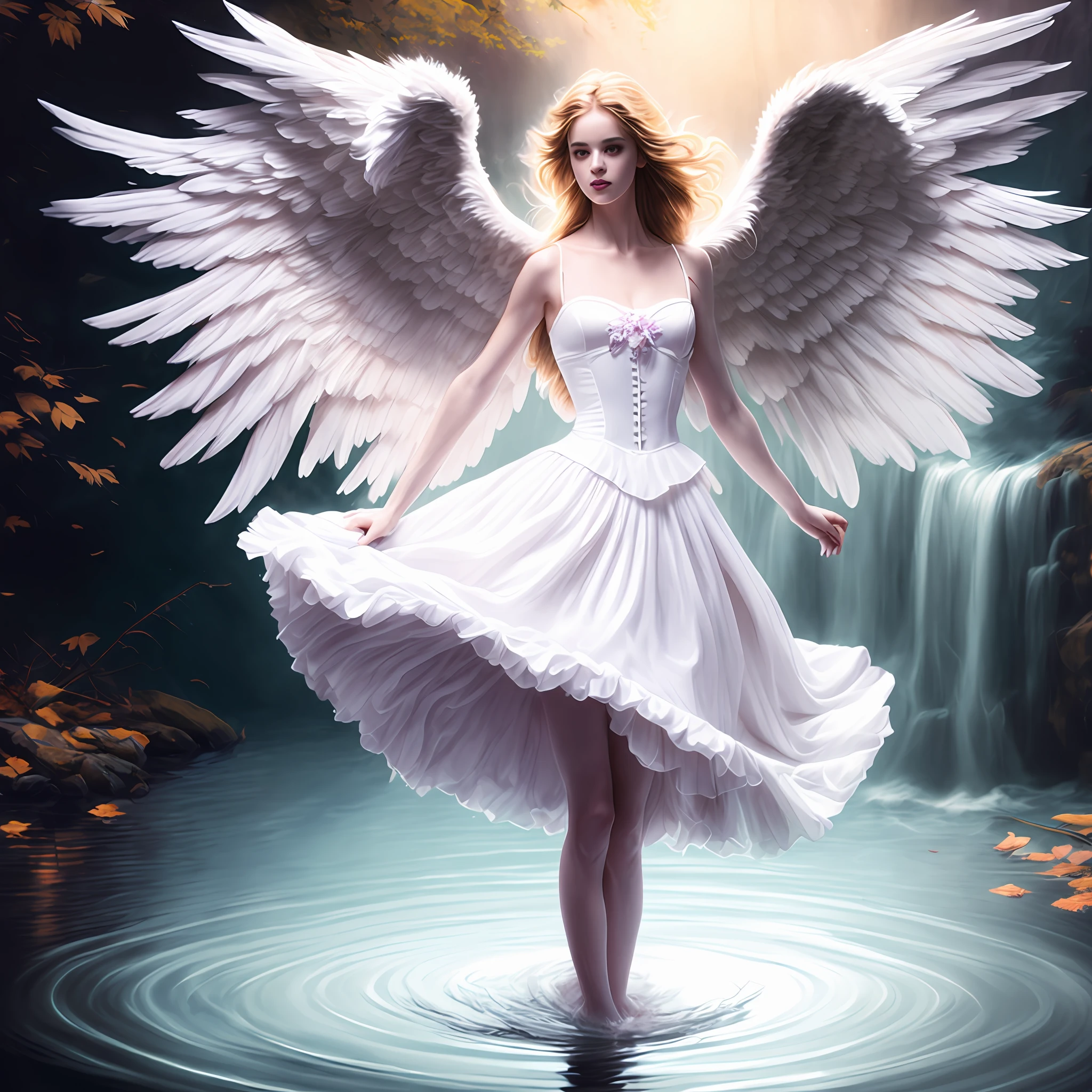 photo (fallenangel style:1) a digital painting of an (attractive angel:1) standing in the water wearing a white silk corset and ballerina skirt