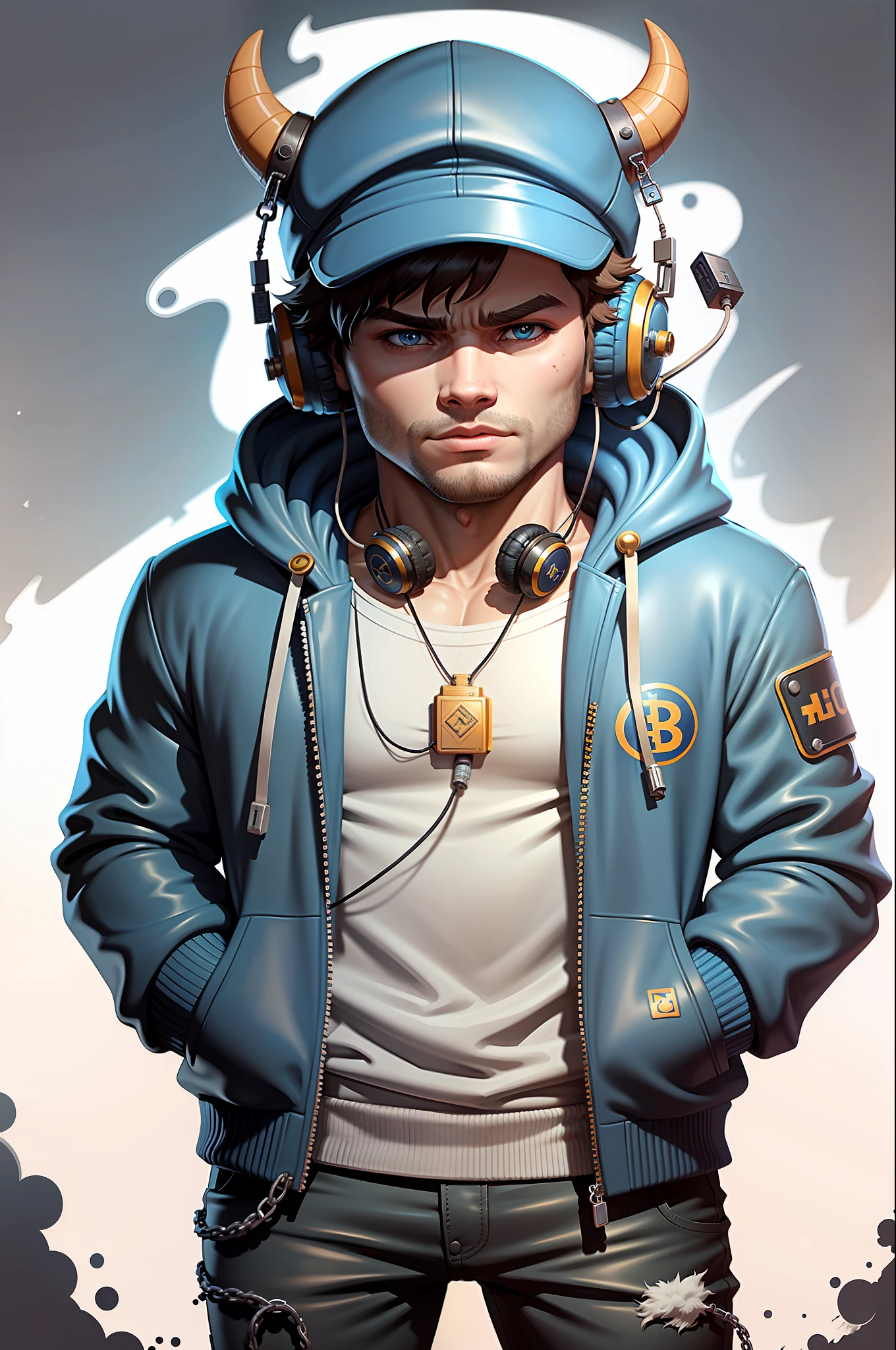 c4tt4stic, a cartoon bull with headphones, bitcoin necklace and blue jacket,