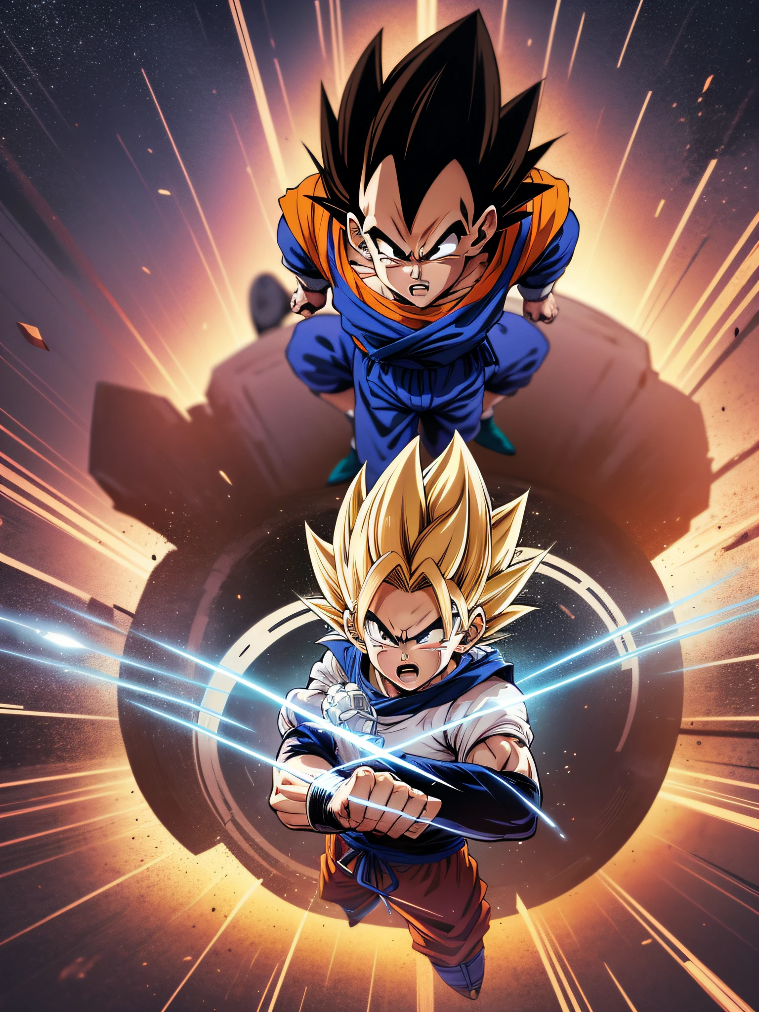Image of GOKU against VEGETA in a battle in the sky, Dark blue sky with stars, imagem detalhada, ultra realista, anime version, Explosions and cinematic effects