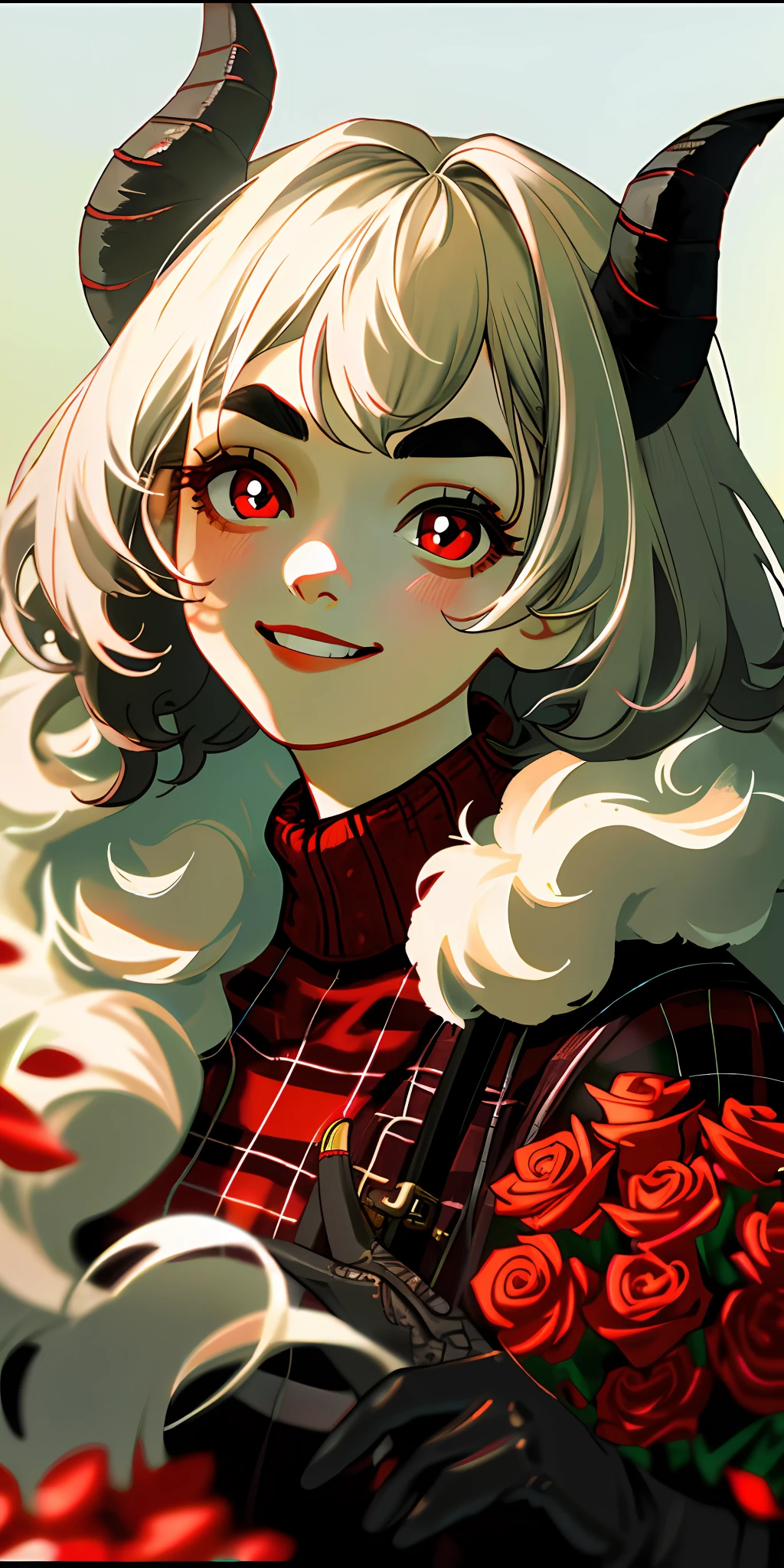 (masterpiece), best quality, expressive eyes, perfect face, 1girl, young, childish, tiny chest, red eyes with horizontal pupils, long eyelashes, white thick eyebrows, fluffy white goat ears, black goat horns, short white curled up bob hair with long strands, large red sweater with shirt collar, red plaid skirt, black leggings, half body, holding bouquet of roses, black gloves, outside, smile, buck teeth, front-faced, delicate figure, realistic photo, (portrait), (intricately detailed, hyperdetailed), ((RAW color)), sharp focus, HDR, 4k resolution, Cinematic film