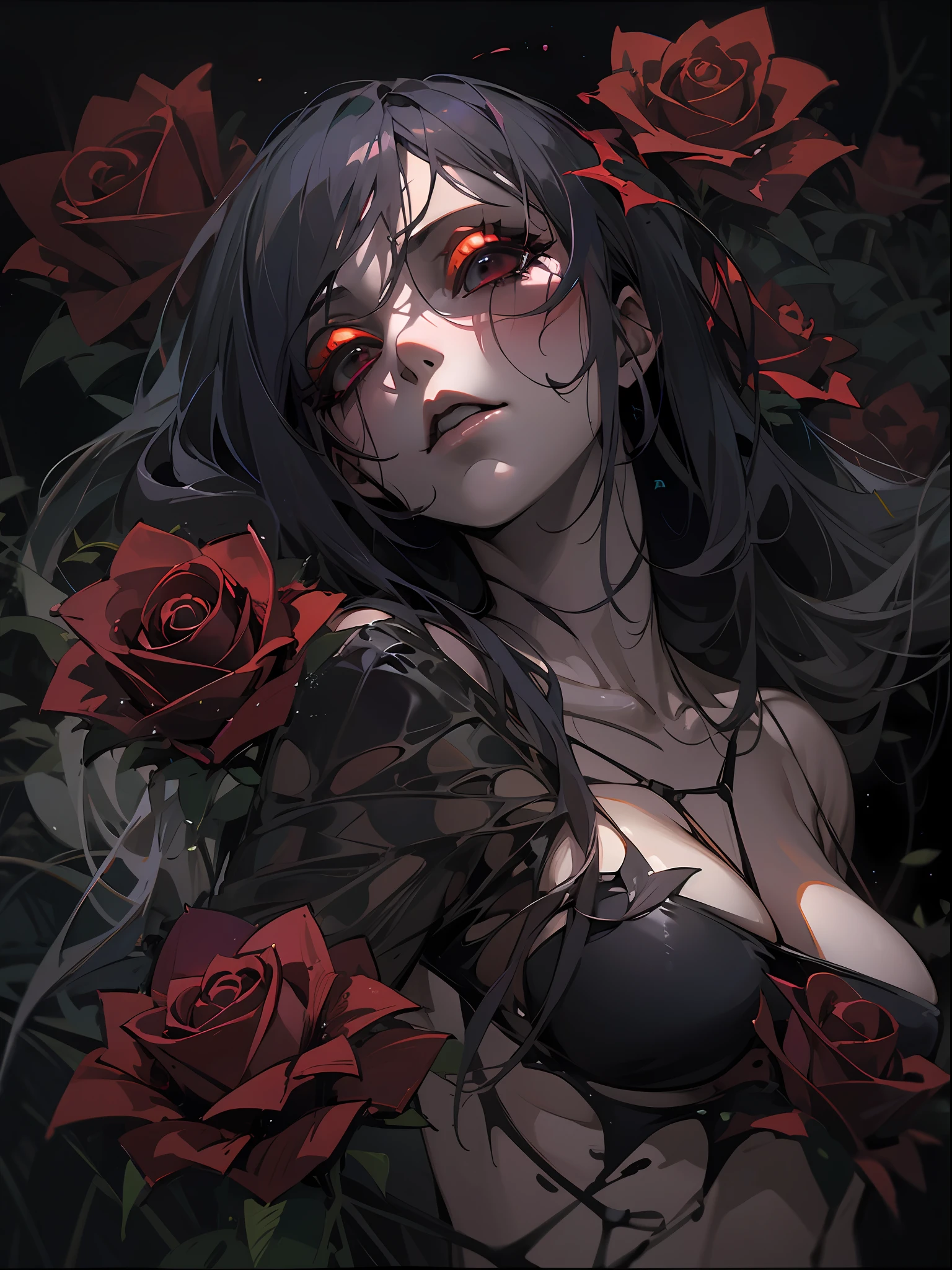 1womanl、dark ambiance、The upper part of the body、murky、hopelessness、terrifying、Black Bikini、barechested、roses、Roses entangle on the body、terrorism、abyss、Dark、a closeup