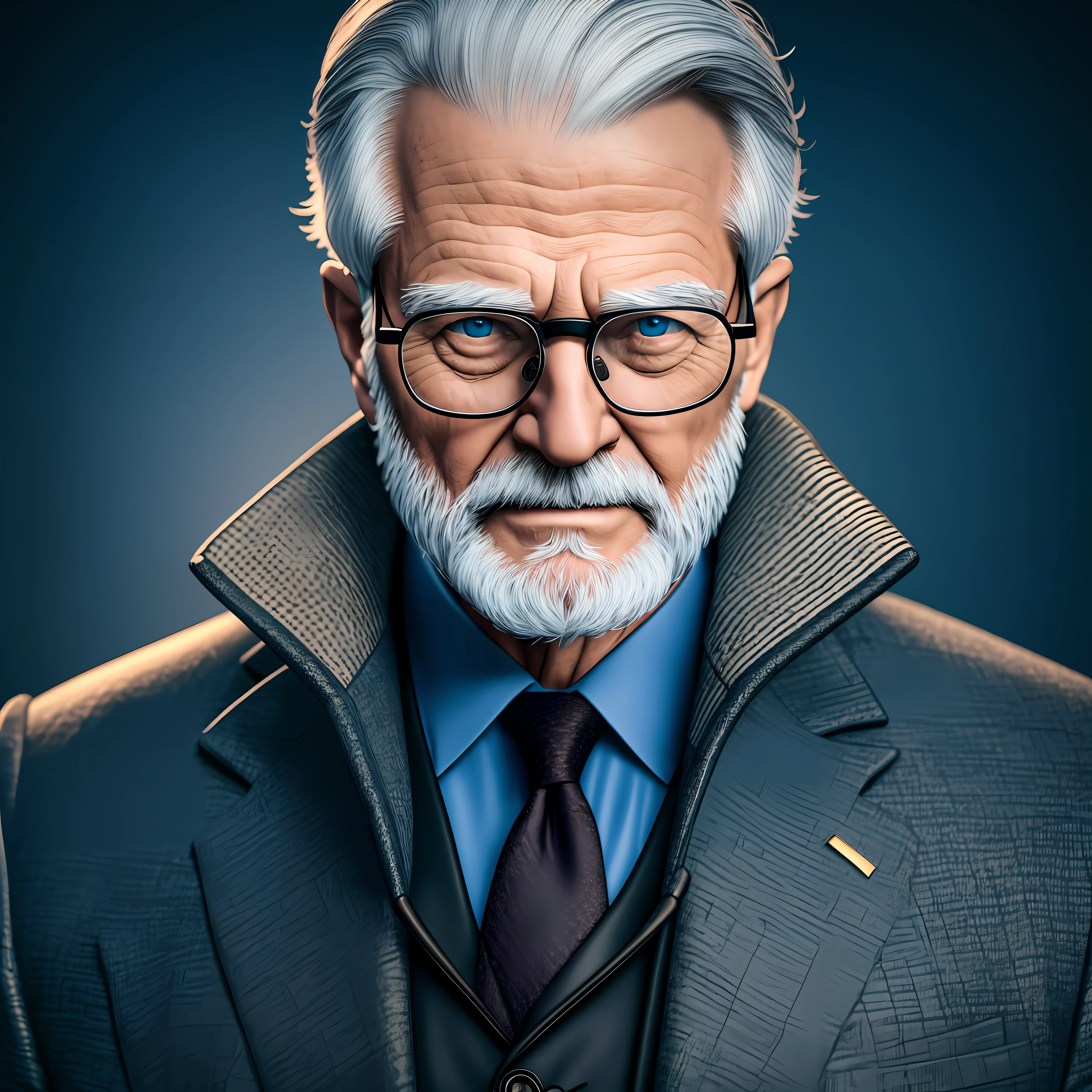 old man with glasses, jacket over all suit, dark background, black, half body hair short blue eyes, ultra realistic, 8k, high definition --auto --s2