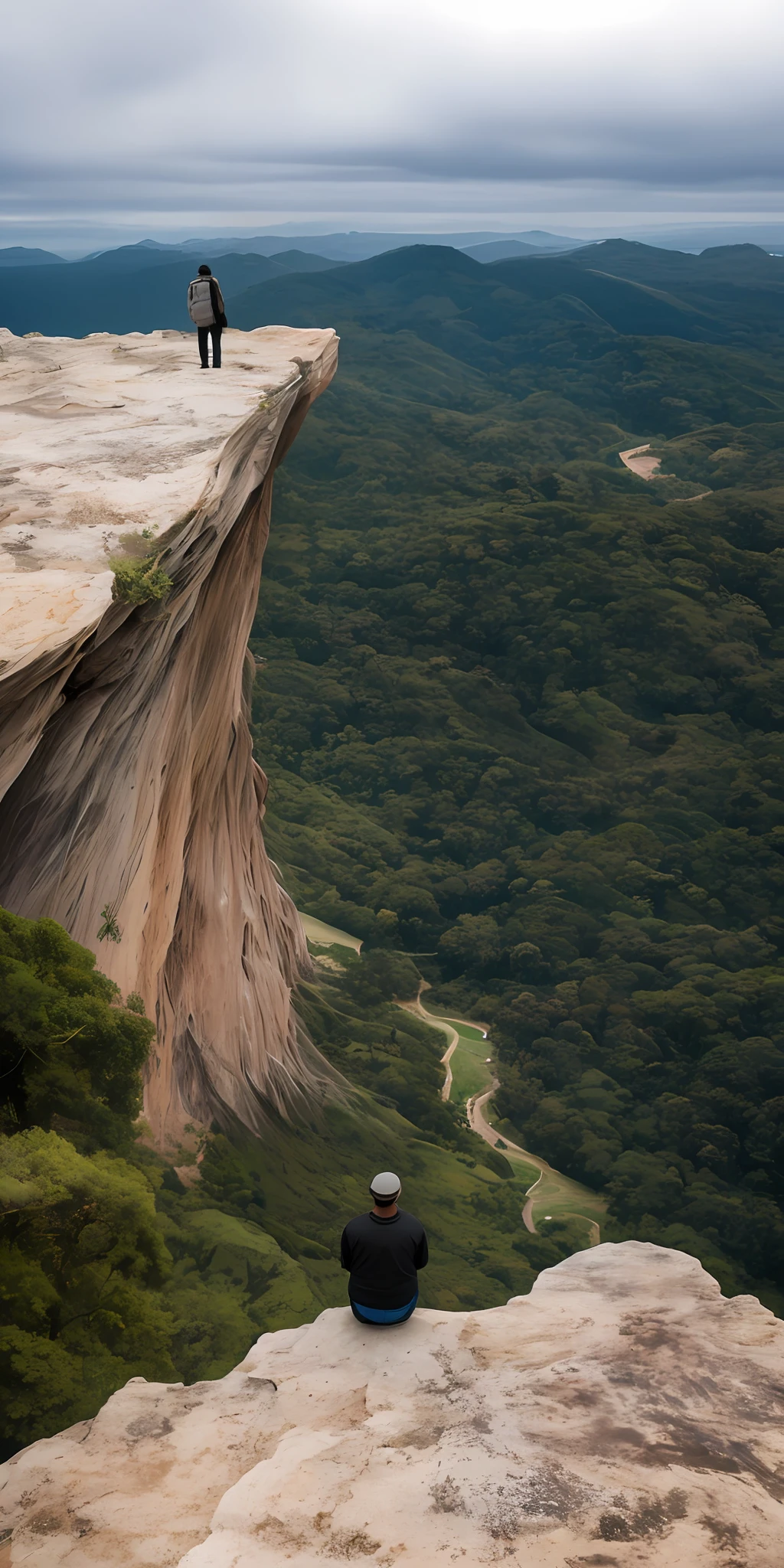 Desenhe um rapaz agasalhado, de cachecol, Looking at the horizon on top of a cliff with overcast sky in 4K with wealth of detail