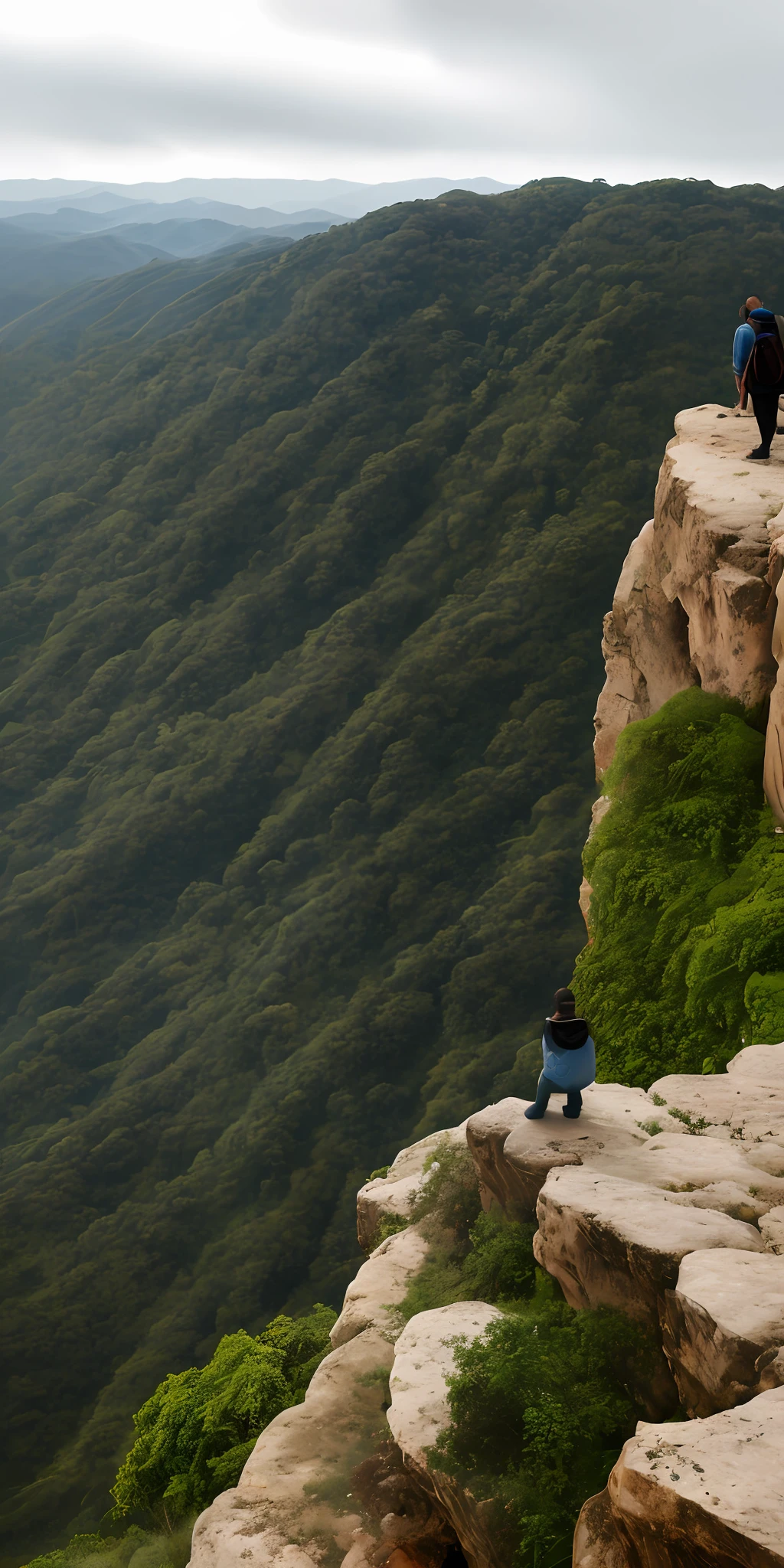 Desenhe um rapaz agasalhado, de cachecol, Looking at the horizon on top of a cliff with overcast sky in 4K with wealth of detail