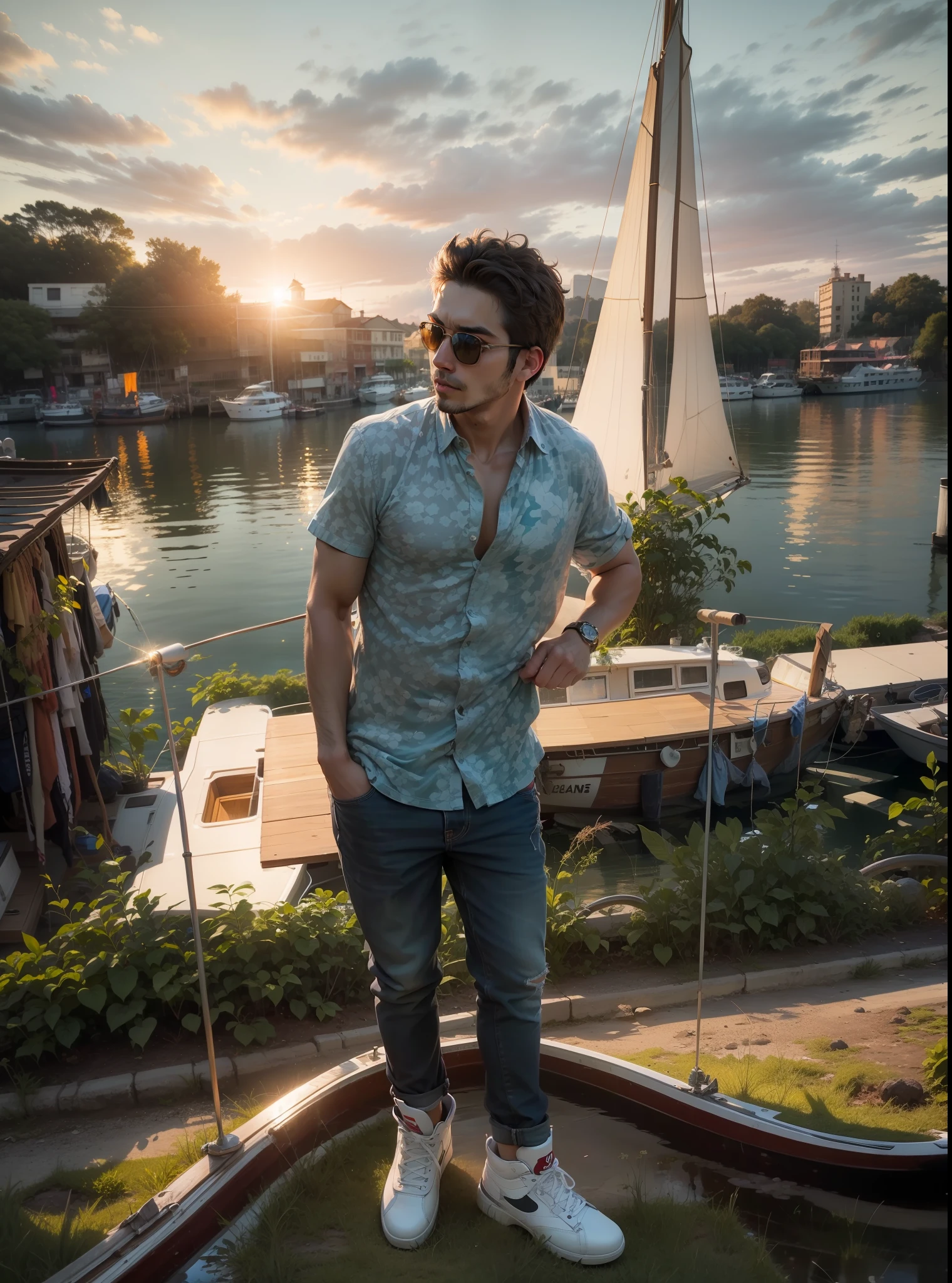 change background to a boat and wear sunglass and change the shirt